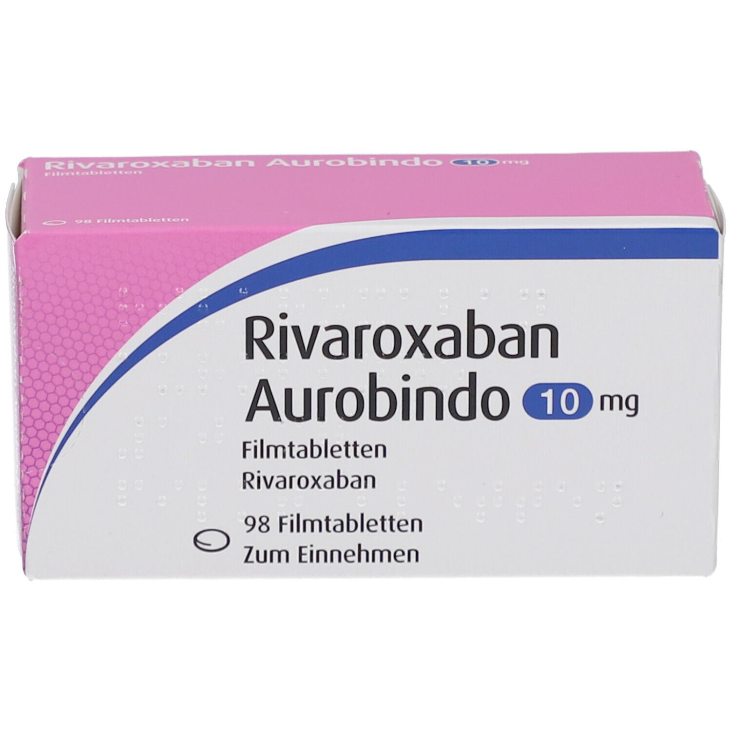 Schachtel RIVAROXABAN Aurobindo 10 mg Filmtabletten. Rosa-weiß. Blaue Schrift. 98 Filmtabletten. Zum Einnehmen.