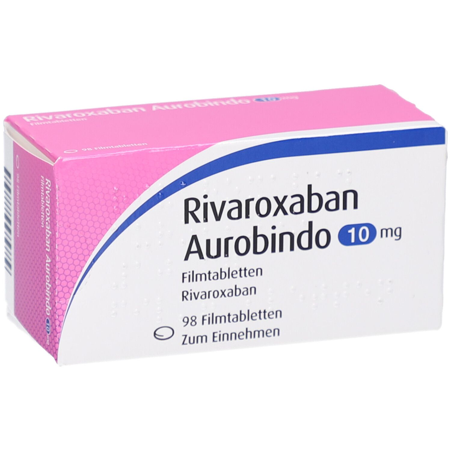 Schachtel RIVAROXABAN Aurobindo 10 mg Filmtabletten. Rosa-weiß. Blaue Schrift. 98 Filmtabletten. Zum Einnehmen.