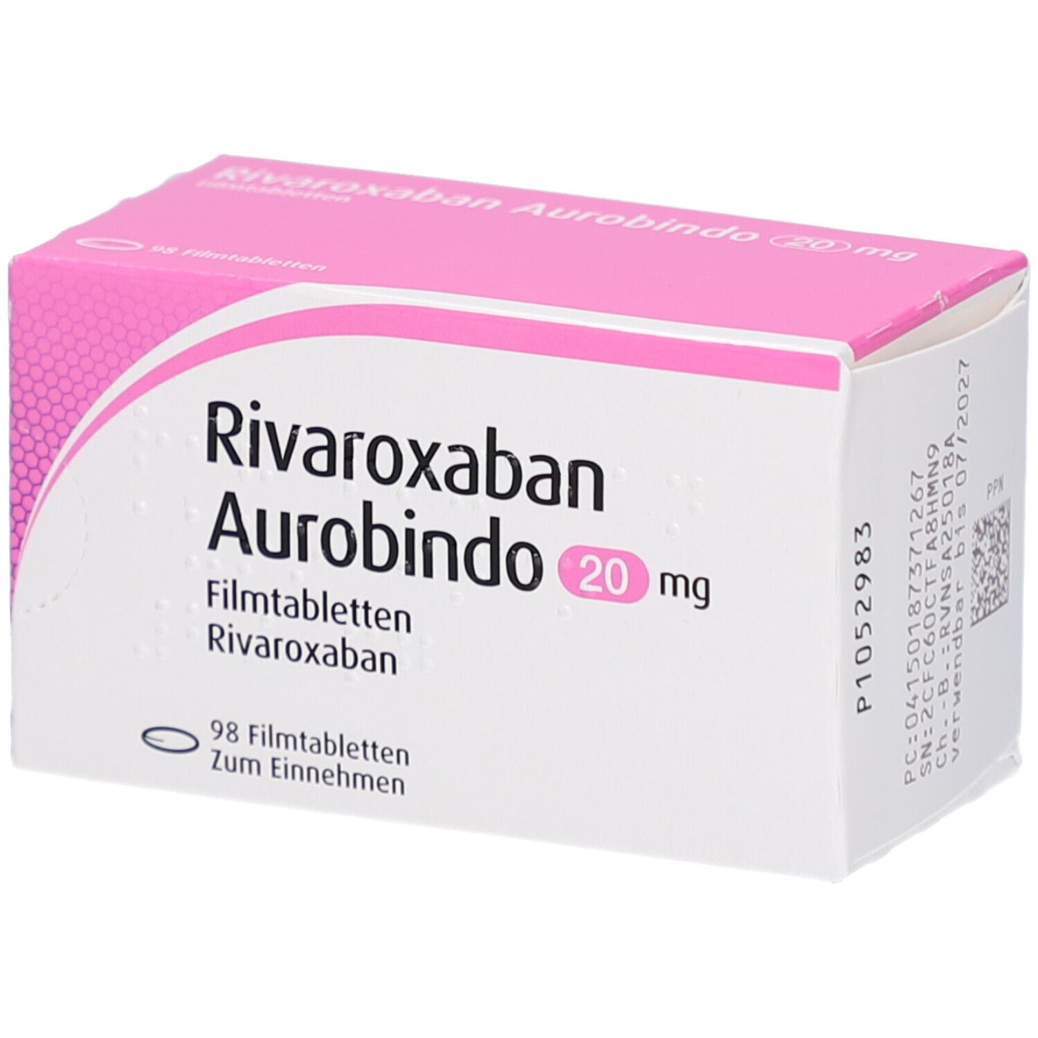 Schachtel mit RIVAROXABAN Aurobindo 20 mg Filmtabletten. Rosa und weißes Design. 98 Tabletten. Aufschrift: Zum Einnehmen.