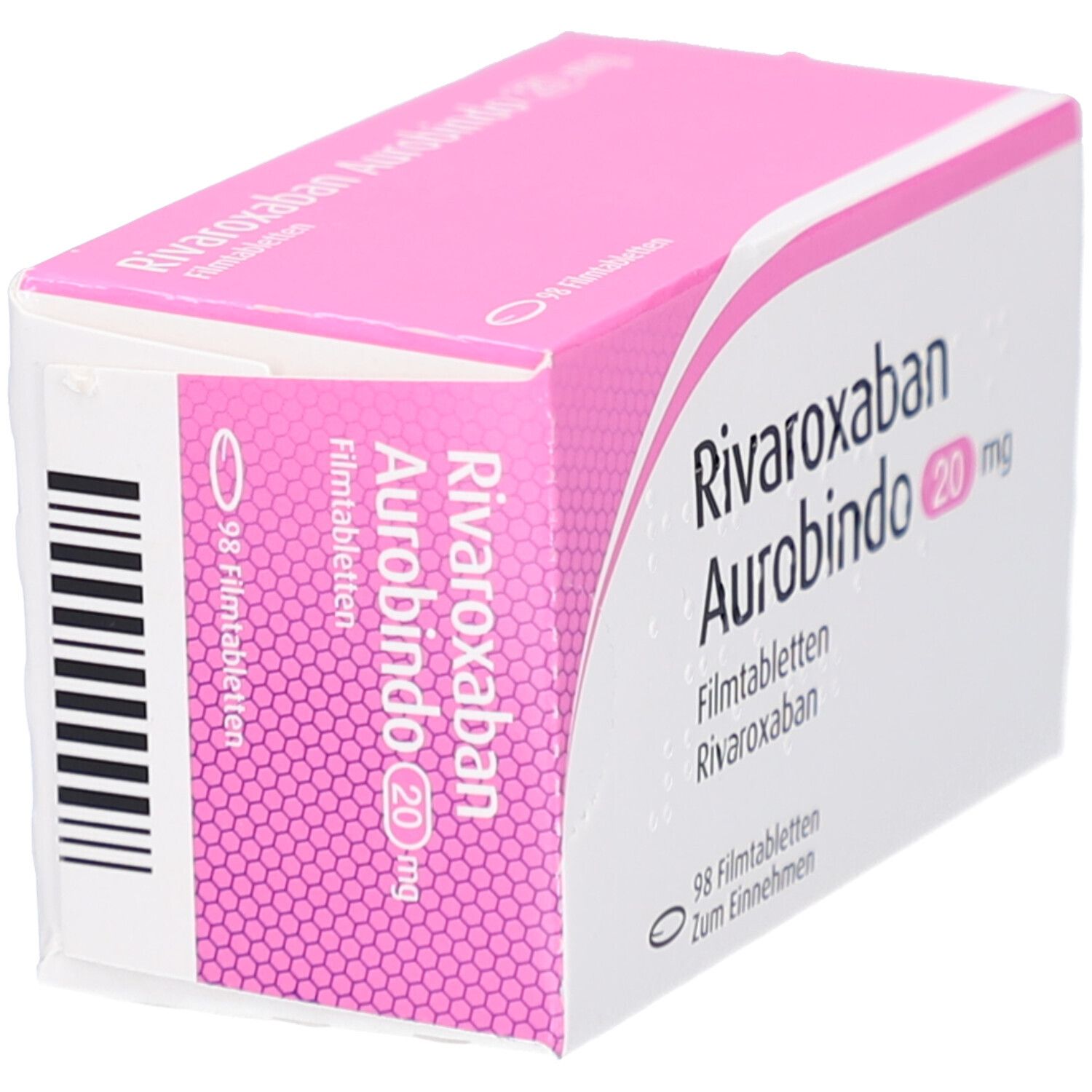 Schachtel RIVAROXABAN Aurobindo 20 mg Filmtabletten. Rosa und weiß. 98 Tabletten. Aufschrift: Zum Einnehmen. Ansicht von der Seite.