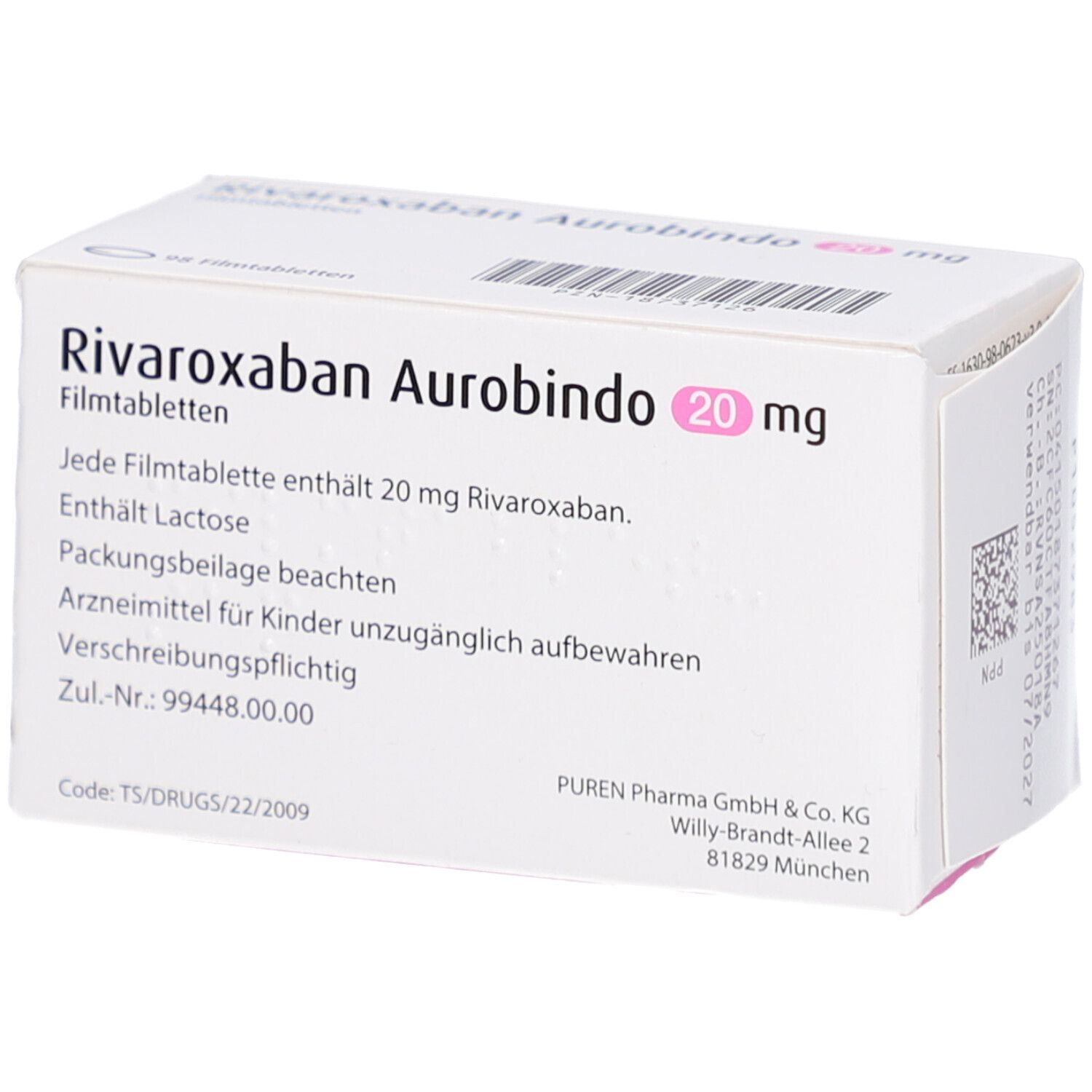 Schachtel RIVAROXABAN Aurobindo 20 mg Filmtabletten. Enthält Informationen. Aufschrift: 20 mg, Filmtabletten, 98 Tabletten. Weißes Design.