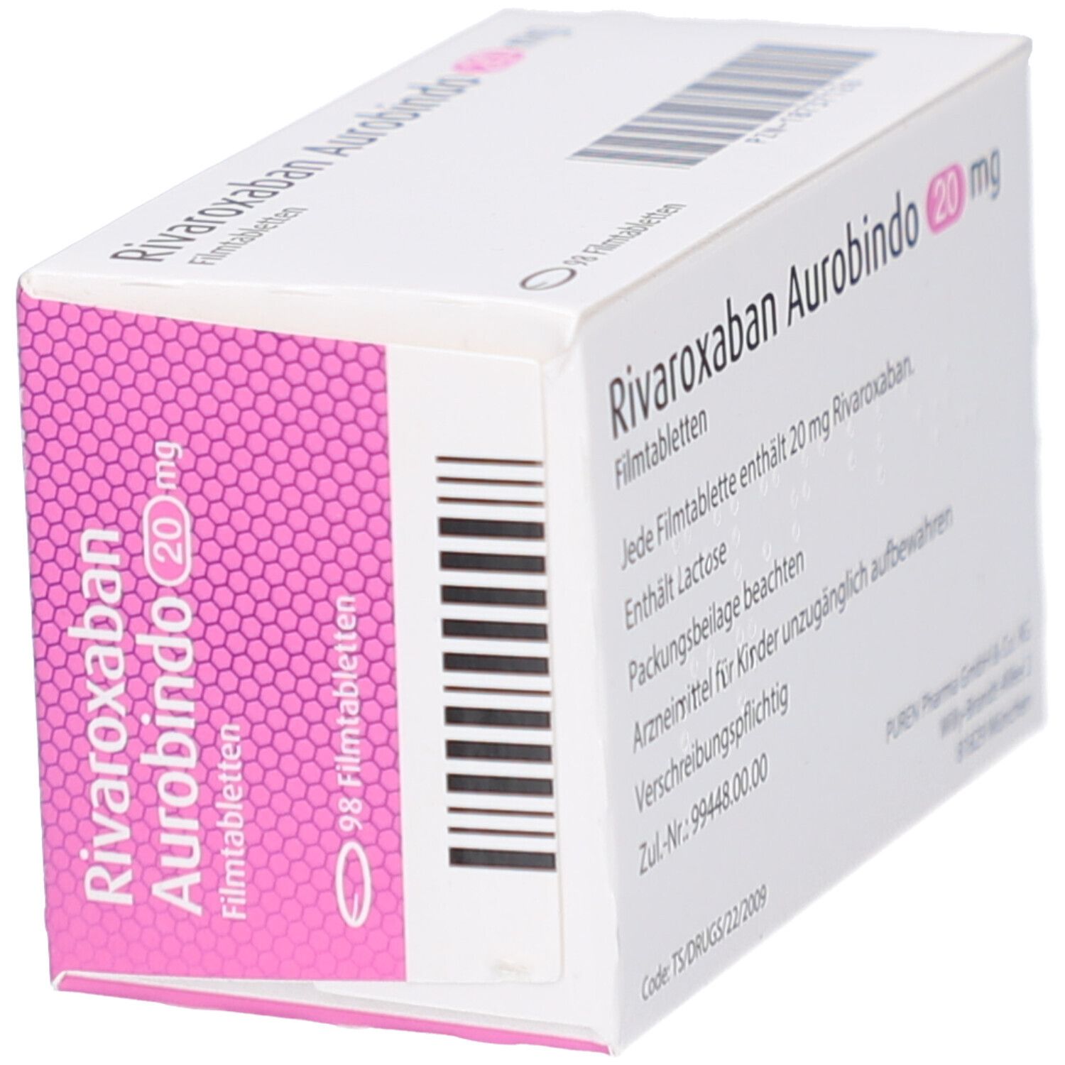 Schachtel RIVAROXABAN Aurobindo 20 mg Filmtabletten. Rosa und weiß. 98 Tabletten. Aufschrift: 20 mg, Filmtabletten. Ansicht von der Seite.