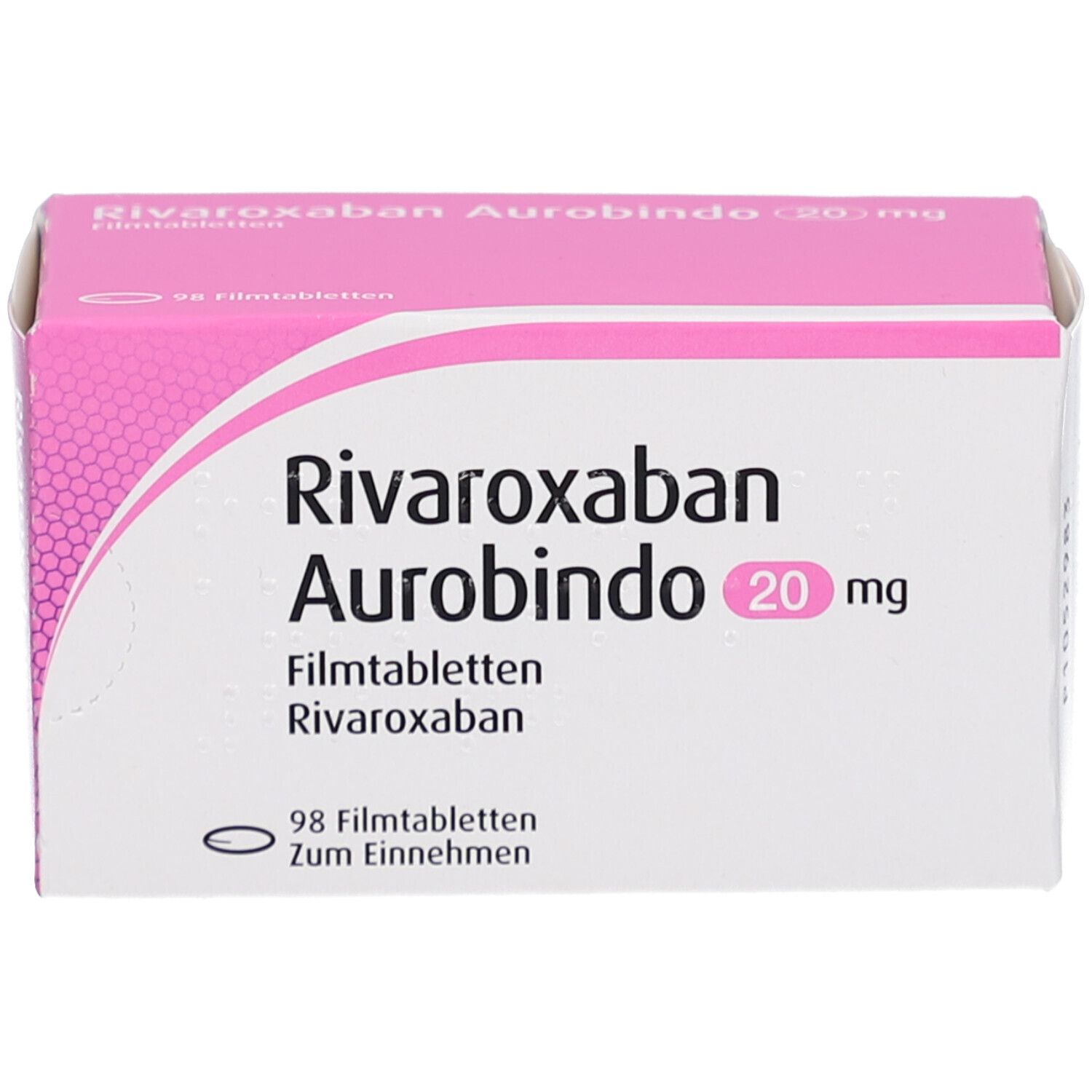 Schachtel RIVAROXABAN Aurobindo 20 mg Filmtabletten. Weiß und rosa. 98 Tabletten. Aufschrift: Zum Einnehmen, 20 mg, Filmtabletten.
