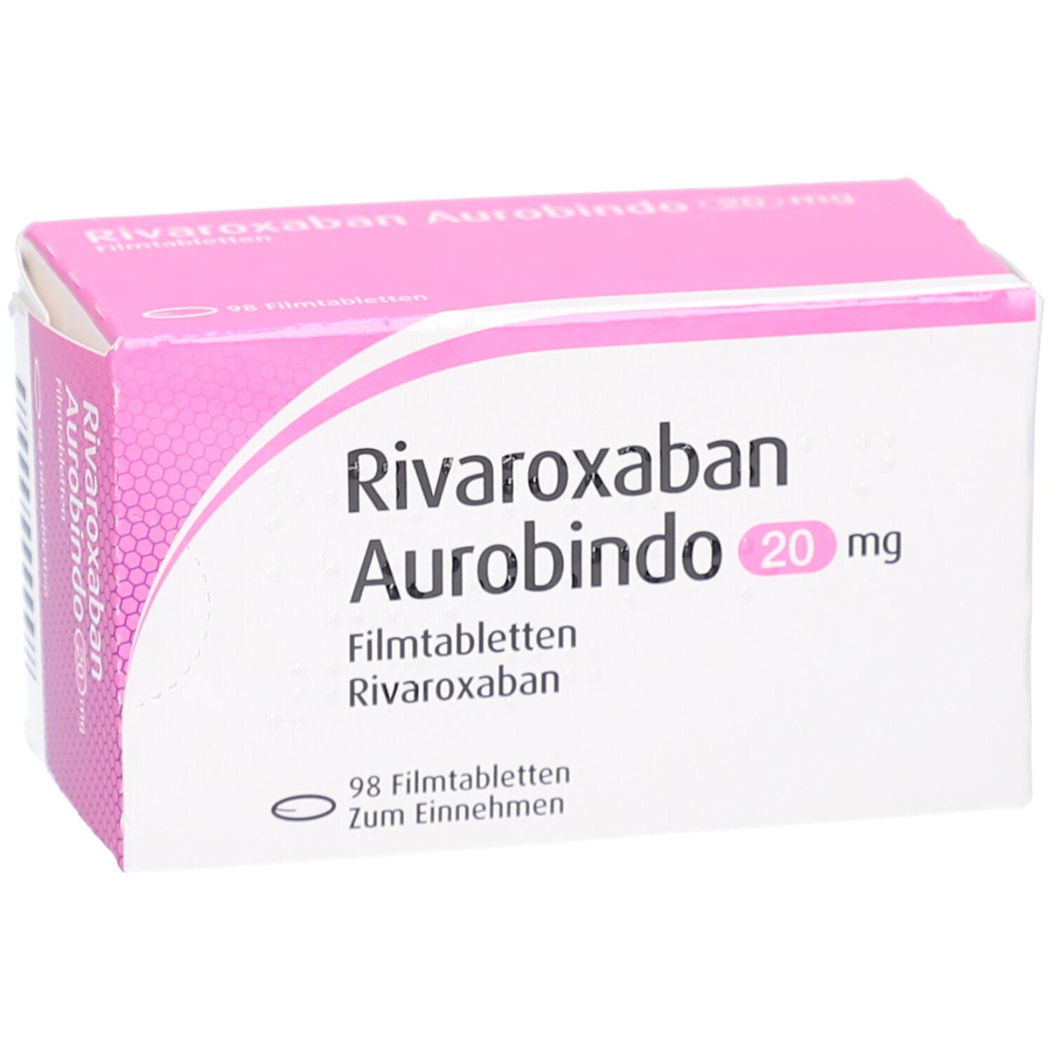 Schachtel RIVAROXABAN Aurobindo 20 mg Filmtabletten. Weiß und rosa. 98 Tabletten. Aufschrift: Zum Einnehmen, 20 mg, Filmtabletten.