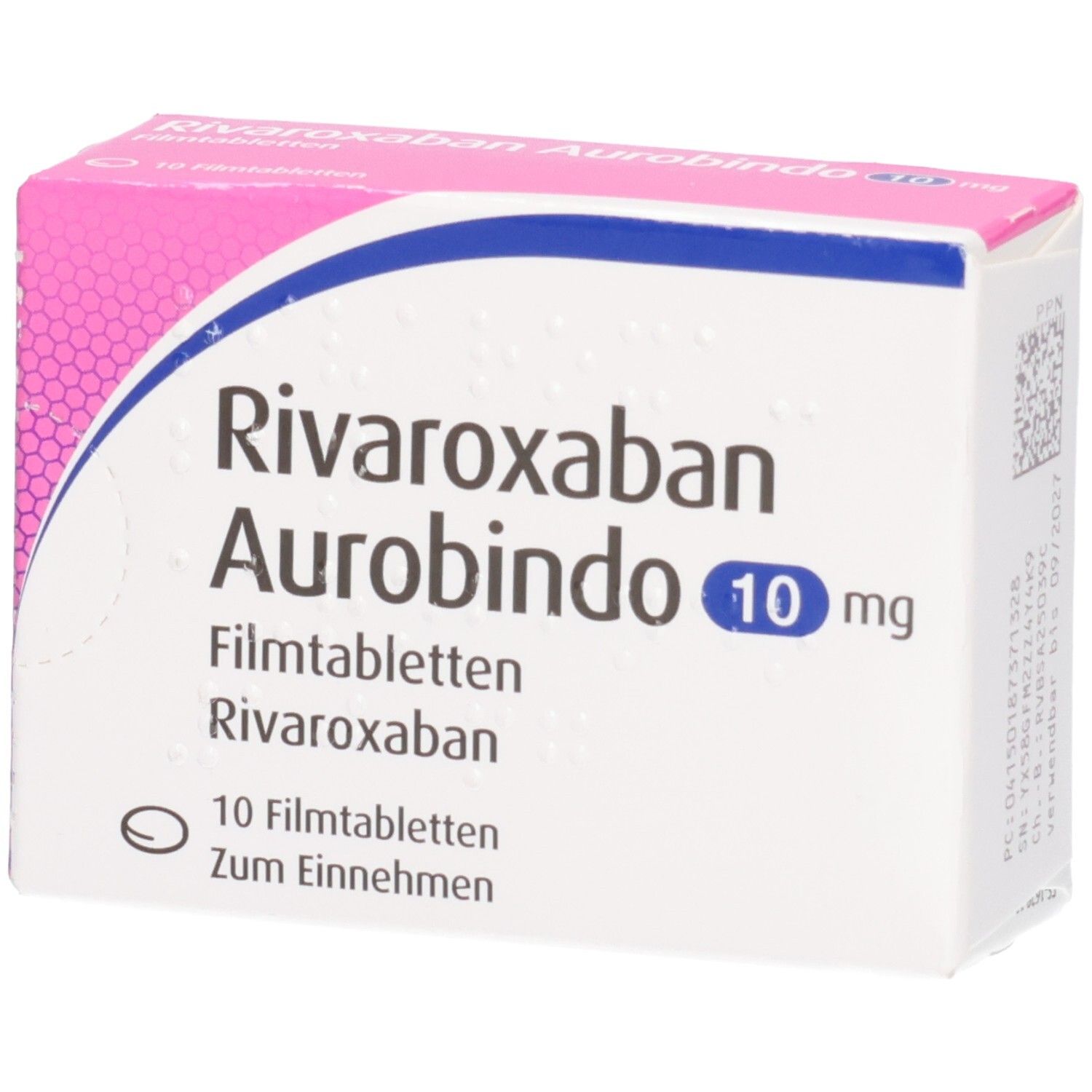 Schachtel mit RIVAROXABAN Aurobindo 10 mg Filmtabletten. Rosa und weißes Design mit blauer Linie. 10 Tabletten.