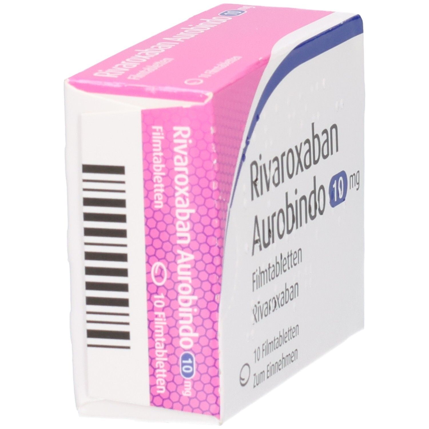 Schachtel RIVAROXABAN Aurobindo 10 mg Filmtabletten. Rosa und weiß. Barcode und Produktinformationen auf der Seite.