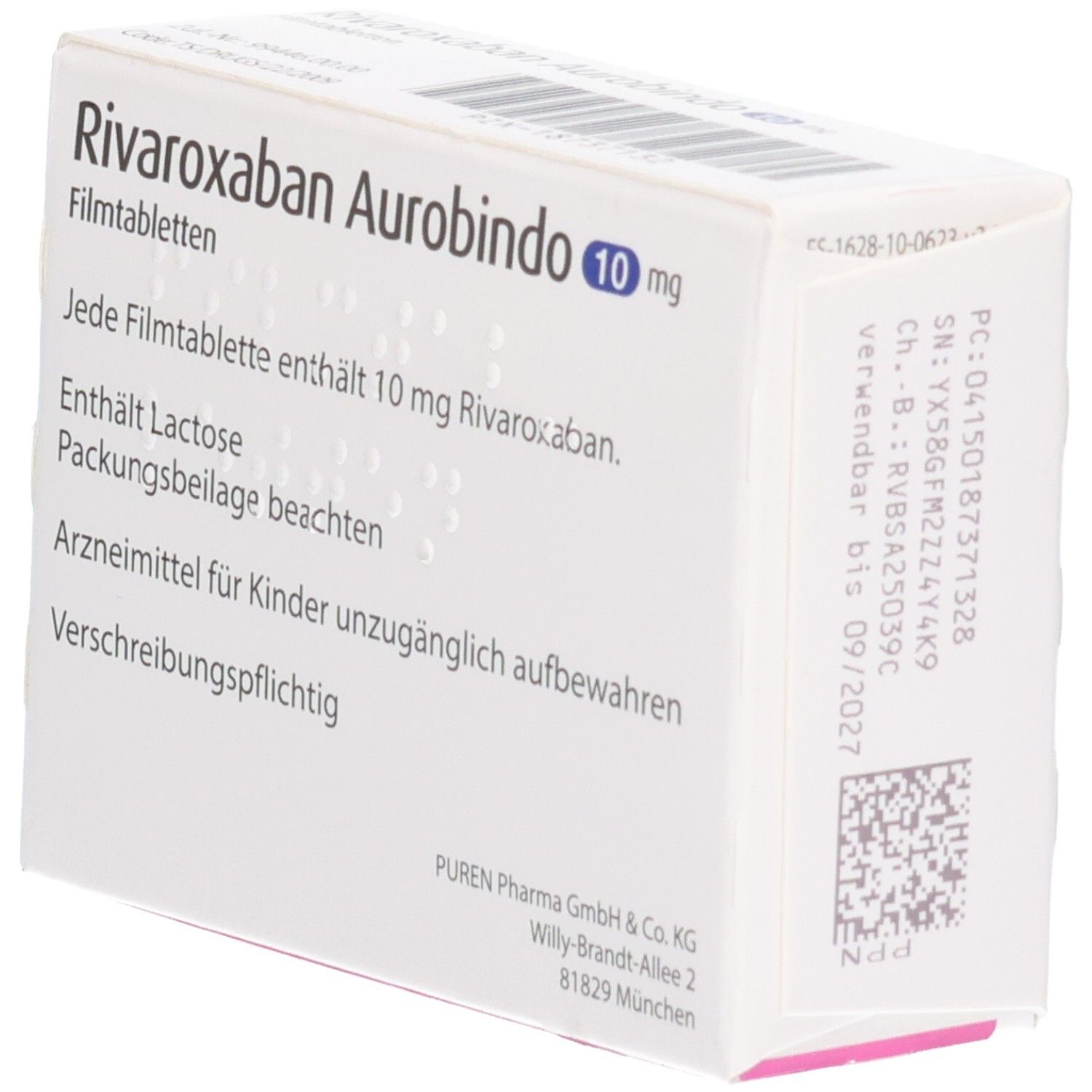 Rückseite der Schachtel RIVAROXABAN Aurobindo 10 mg Filmtabletten. Textinformationen, Herstelleradresse, Verfallsdatum.