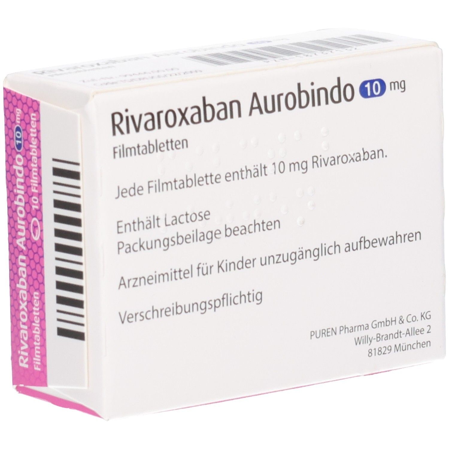 Schachtel RIVAROXABAN Aurobindo 10 mg Filmtabletten. Textinformationen auf der Seite. Rosa und weißes Design.