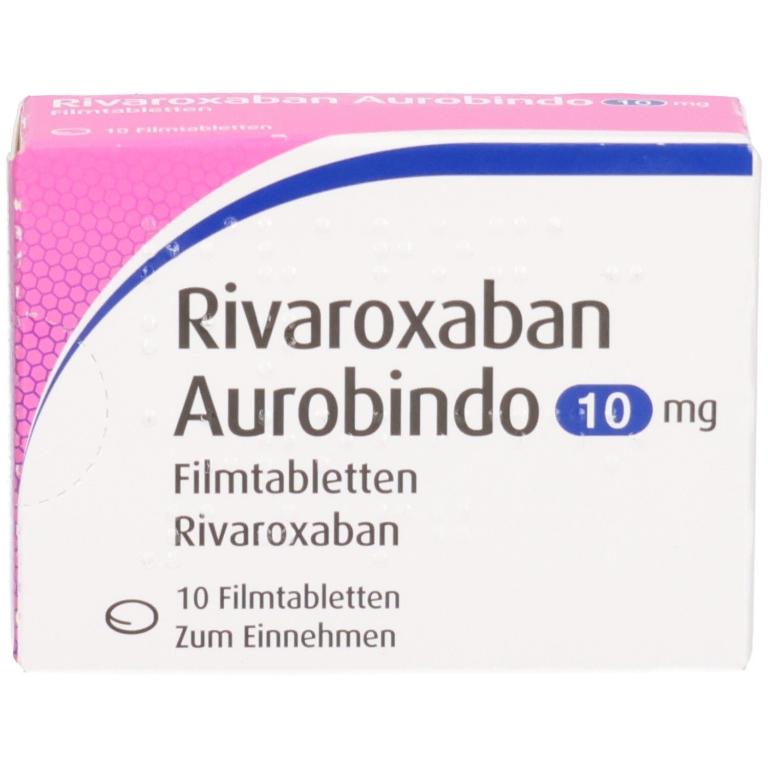 Schachtel RIVAROXABAN Aurobindo 10 mg Filmtabletten. Rosa und weißes Design. Blaue Linie. 10 Tabletten.