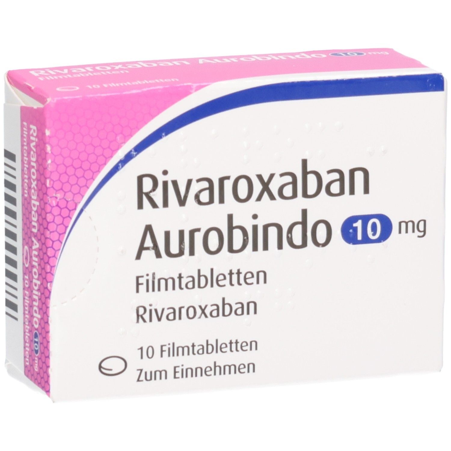 Schachtel RIVAROXABAN Aurobindo 10 mg Filmtabletten. Rosa und weißes Design. 10 Tabletten. Produktinformationen.