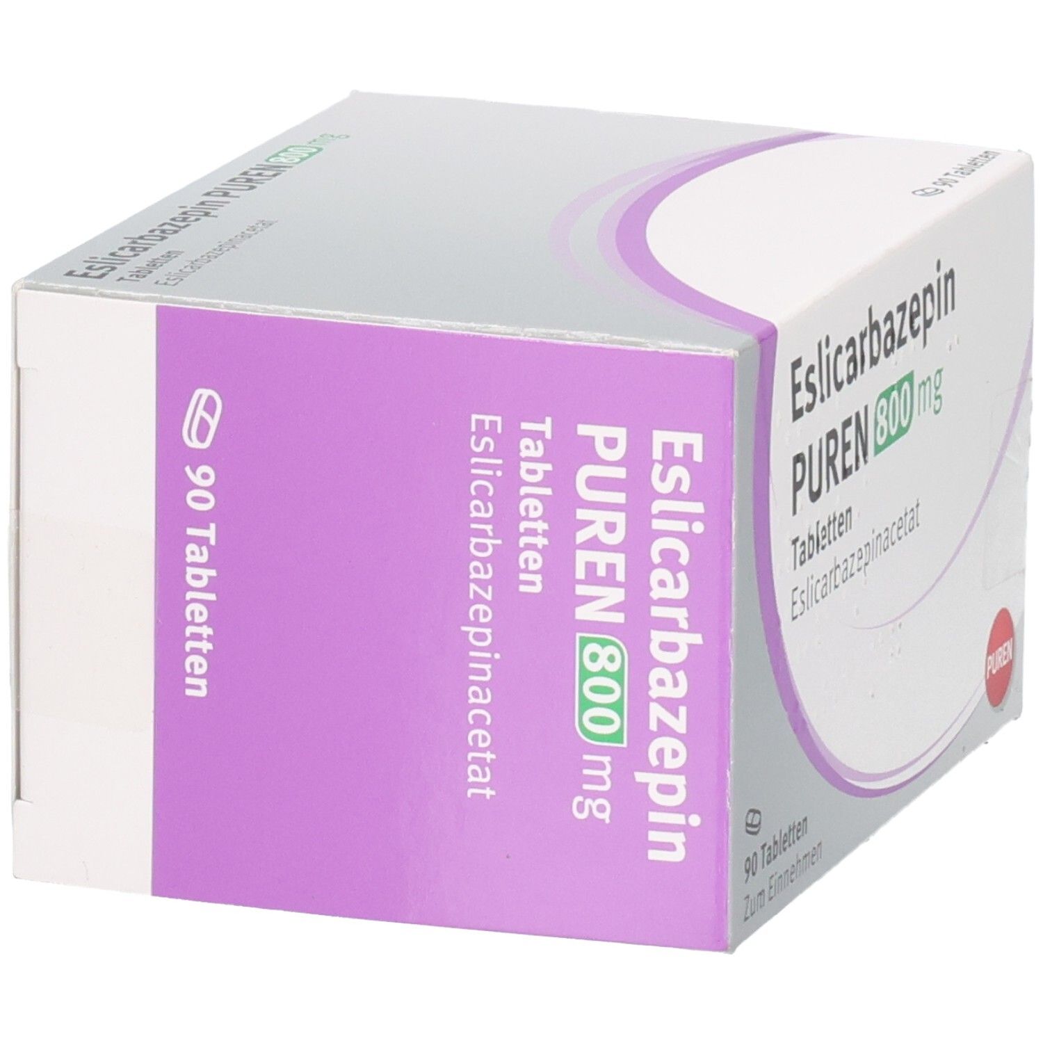 Packung ESLICARBAZEPIN PUREN 800 mg Tabletten, 90 Stück.