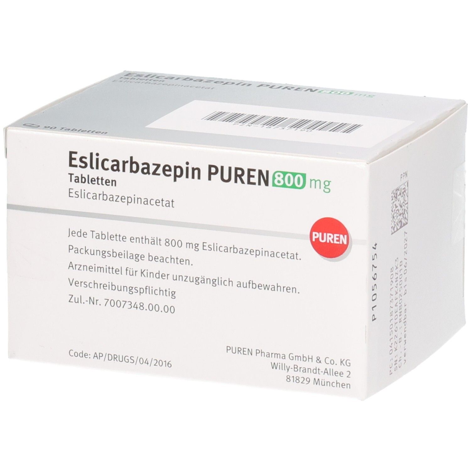 Rückseite der Packung ESLICARBAZEPIN PUREN 800 mg Tabletten.