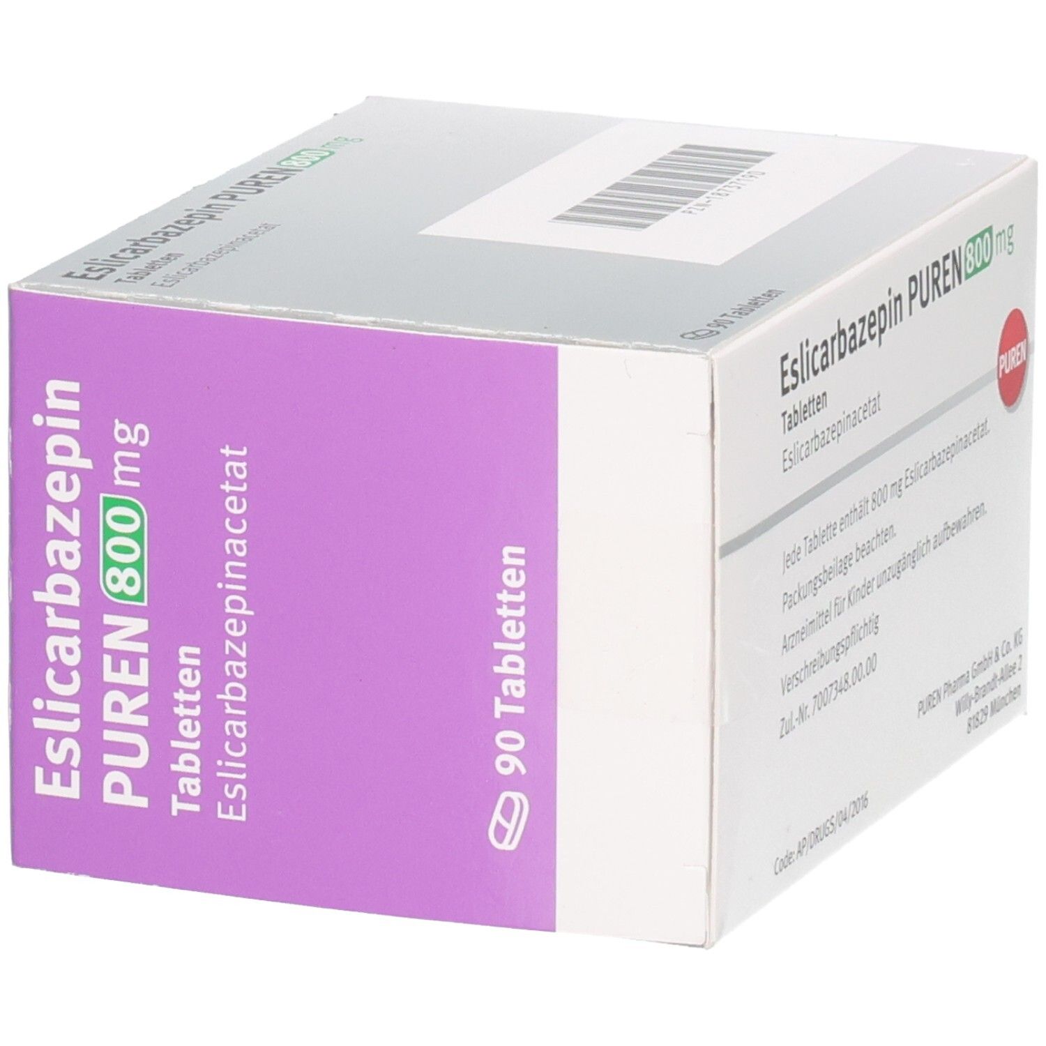 Seitenansicht der Packung ESLICARBAZEPIN PUREN 800 mg Tabletten.