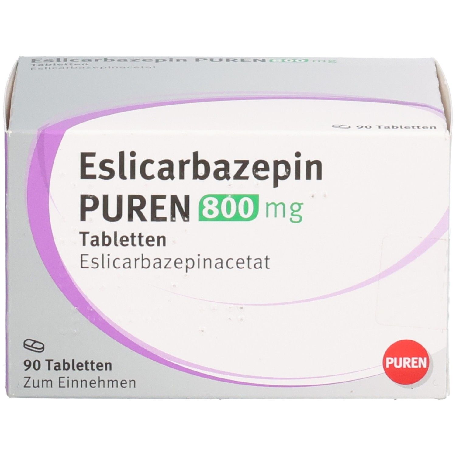 Vorderseite der Packung ESLICARBAZEPIN PUREN 800 mg Tabletten.