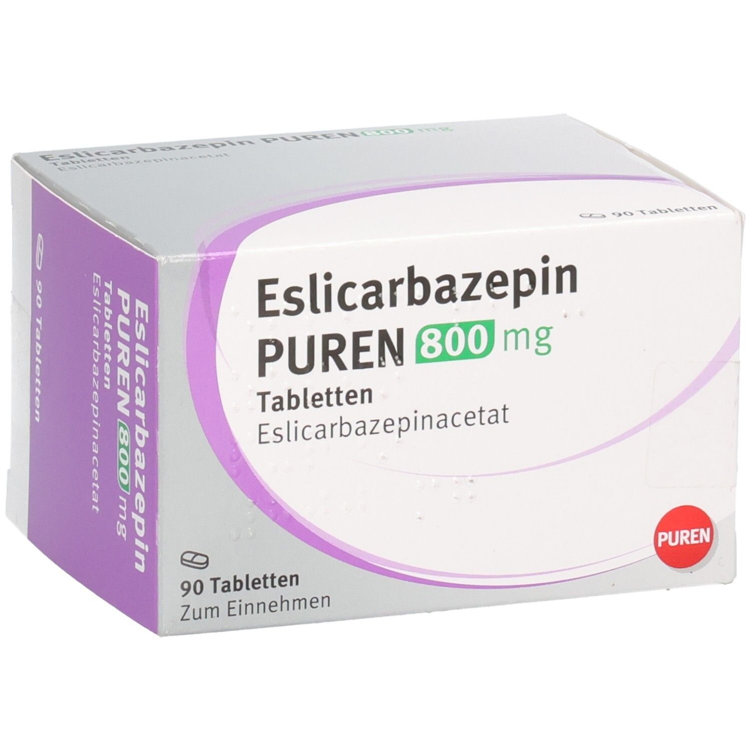 Packung ESLICARBAZEPIN PUREN 800 mg Tabletten, 90 Stück.