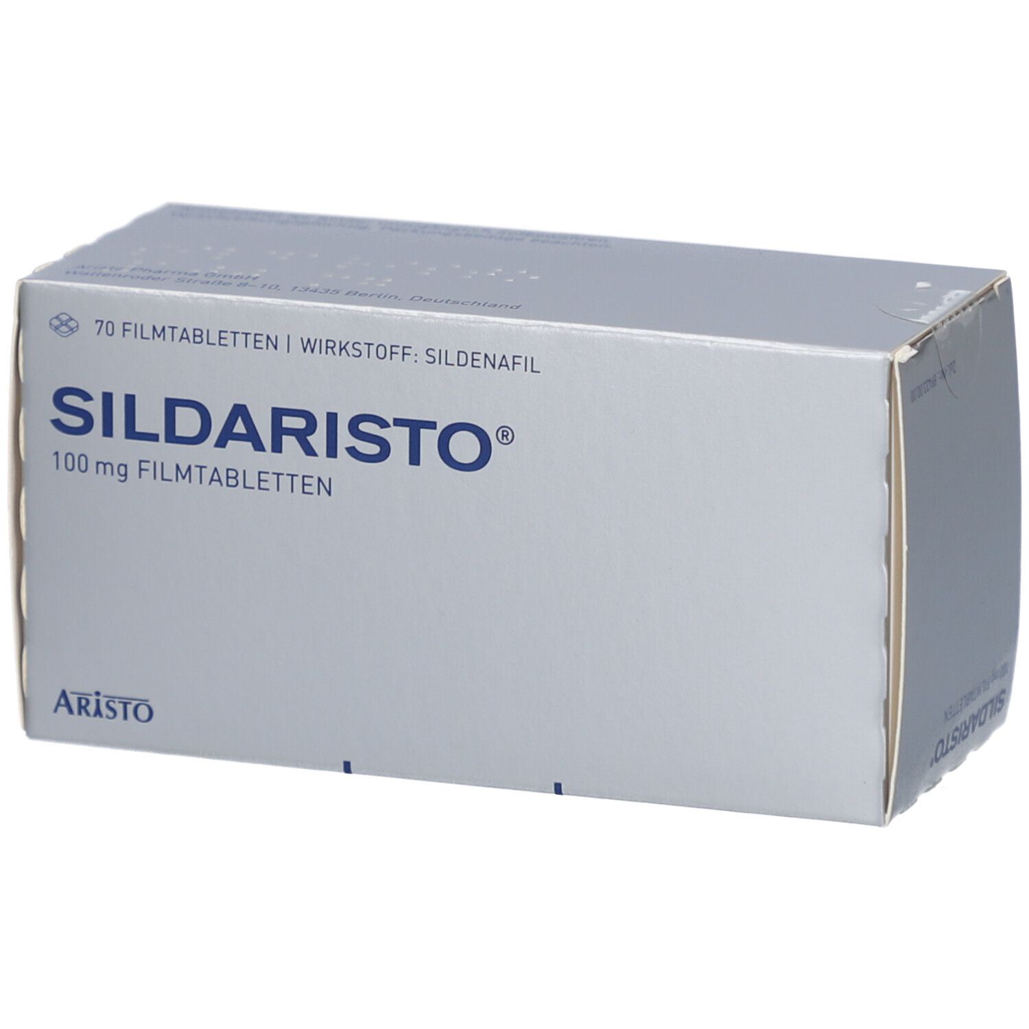 Schachtel mit SILDARISTO 100 mg Filmtabletten. Aufschrift: 70 Filmtabletten, Wirkstoff Sildenafil. Marke: Aristo.