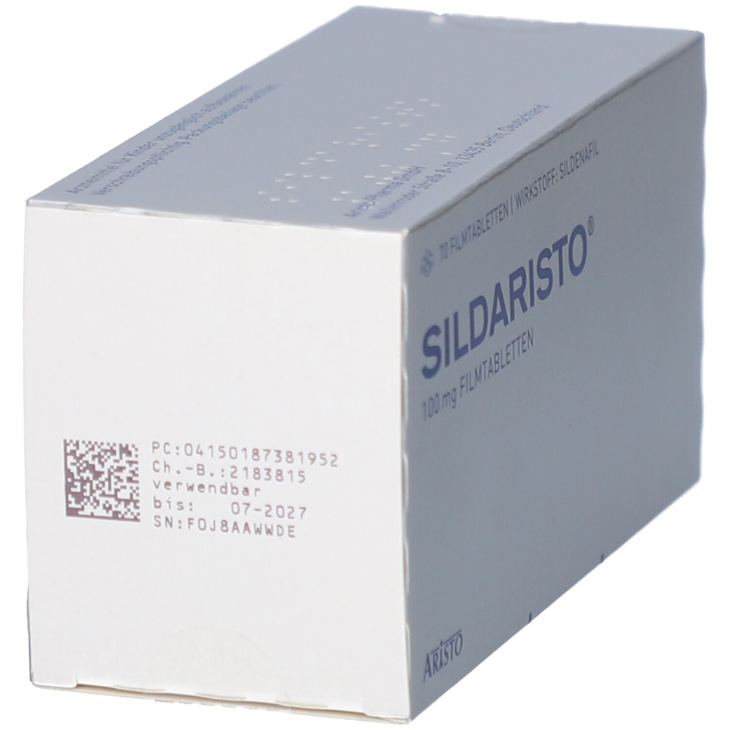 Schachtel SILDARISTO 100 mg Filmtabletten. Aufschrift: SILDARISTO, 100 mg Filmtabletten. QR-Code und Verfallsdatum.