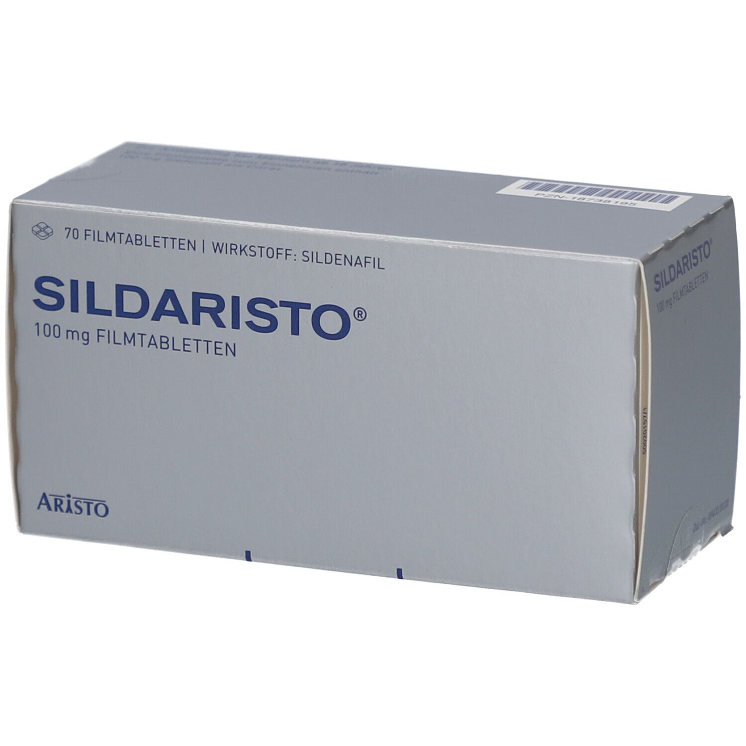 Schachtel mit SILDARISTO 100 mg Filmtabletten. Aufschrift: 70 Filmtabletten, Wirkstoff Sildenafil. Marke: Aristo.