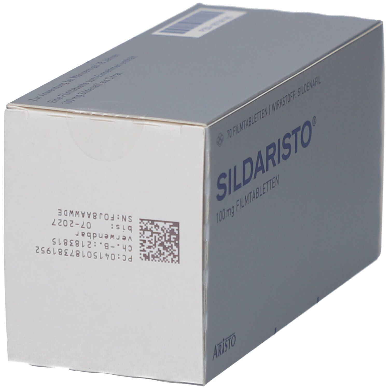 Schachtel SILDARISTO 100 mg Filmtabletten. Aufschrift: SILDARISTO, 100 mg Filmtabletten. QR-Code und Verfallsdatum.