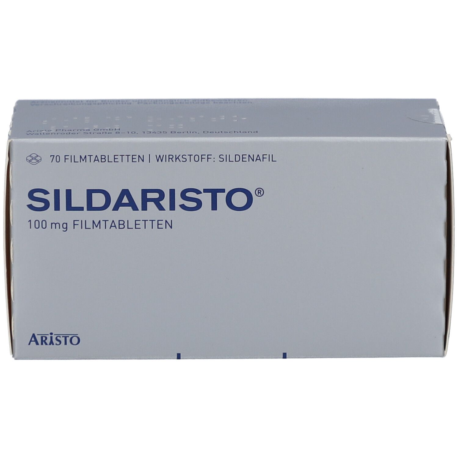 Schachtel mit SILDARISTO 100 mg Filmtabletten. Aufschrift: 70 Filmtabletten, Wirkstoff Sildenafil. Marke: Aristo.