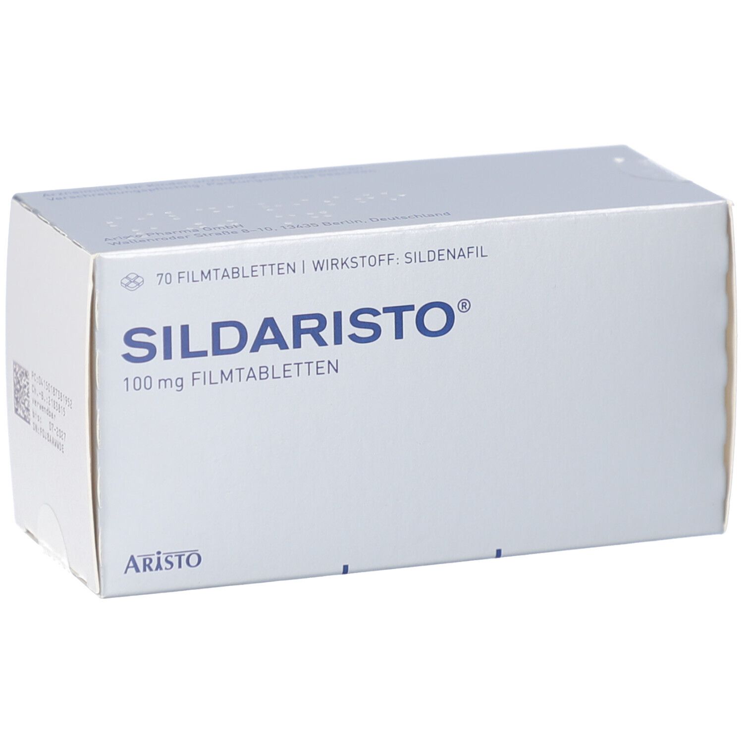 Schachtel mit SILDARISTO 100 mg Filmtabletten. Aufschrift: 70 Filmtabletten, Wirkstoff Sildenafil. Marke: Aristo.