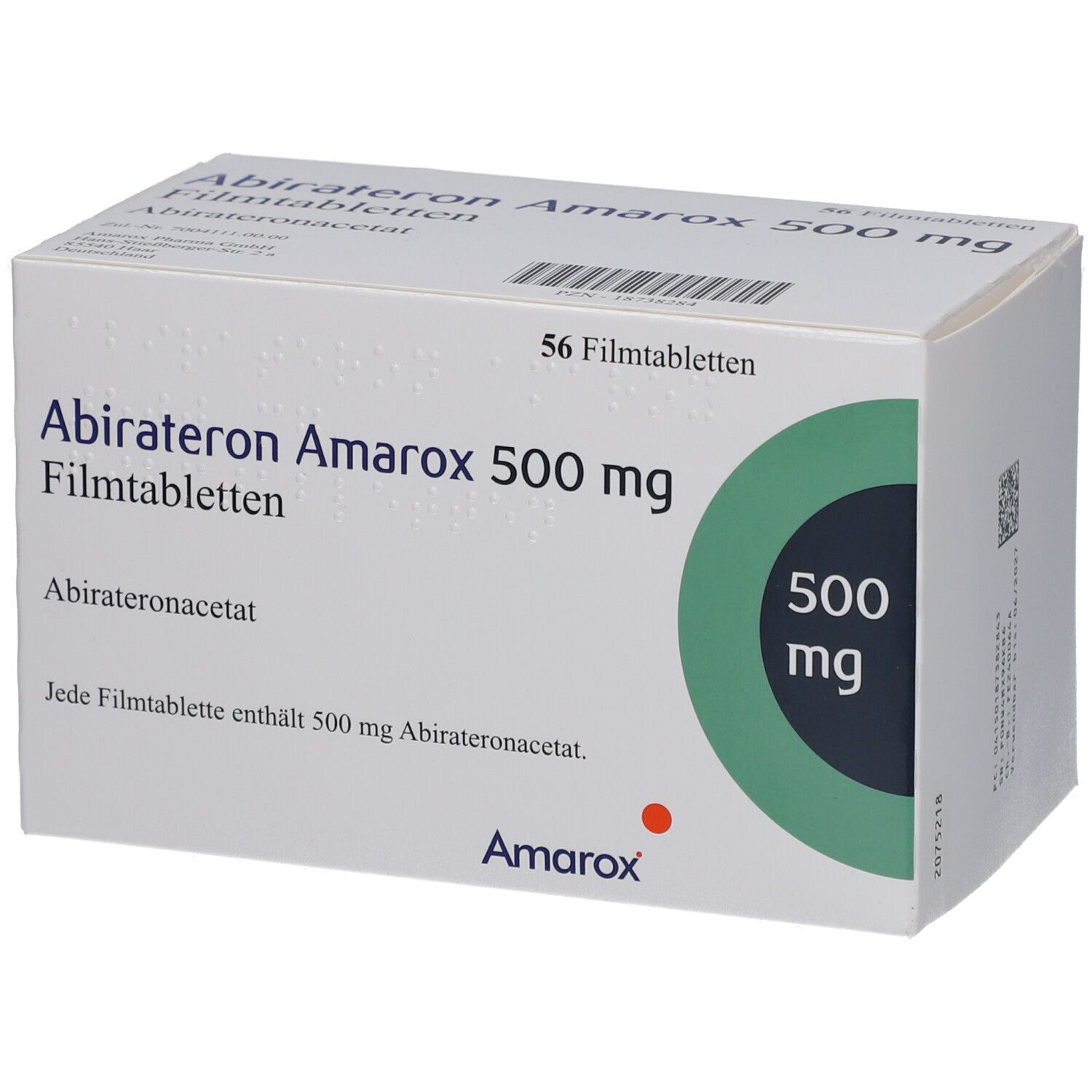 Schachtel mit ABIRATERON Amarox 500 mg Filmtabletten. Aufschrift: 56 Filmtabletten, 500 mg. Marke Amarox.