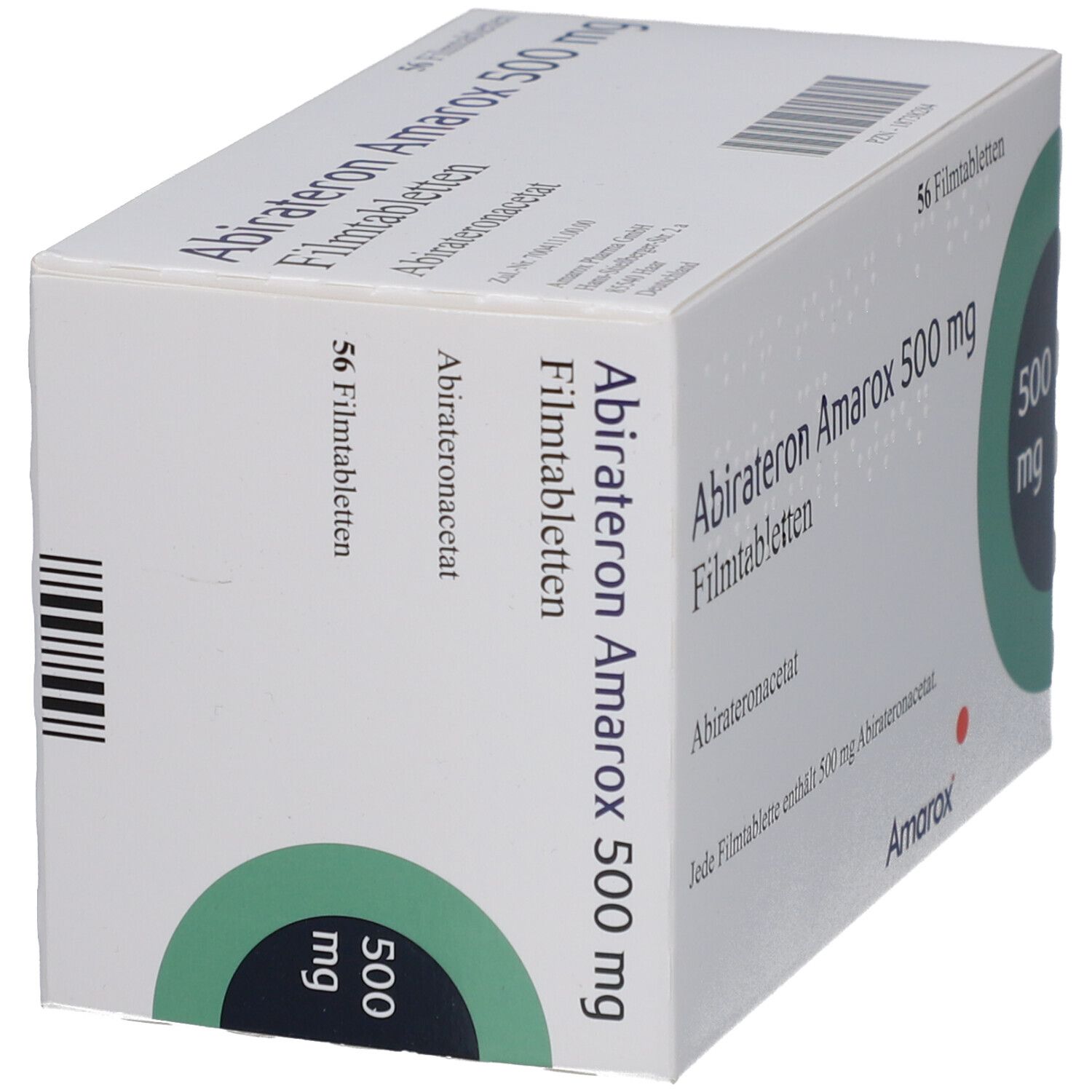 Schachtel mit ABIRATERON Amarox 500 mg Filmtabletten. Aufschrift: 56 Filmtabletten, 500 mg. Marke Amarox.