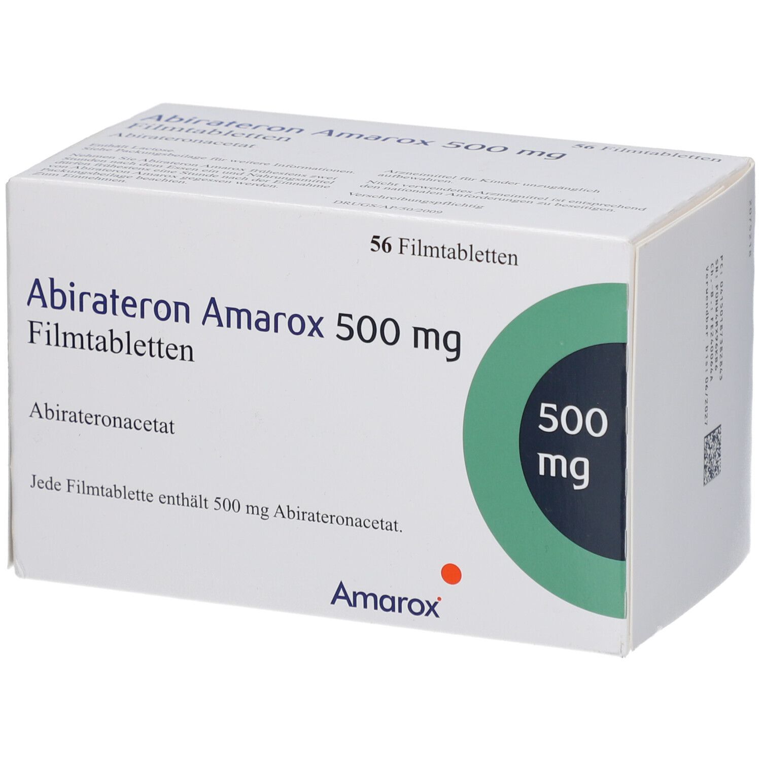 Schachtel mit ABIRATERON Amarox 500 mg Filmtabletten. Aufschrift: 56 Filmtabletten, 500 mg. Marke Amarox.