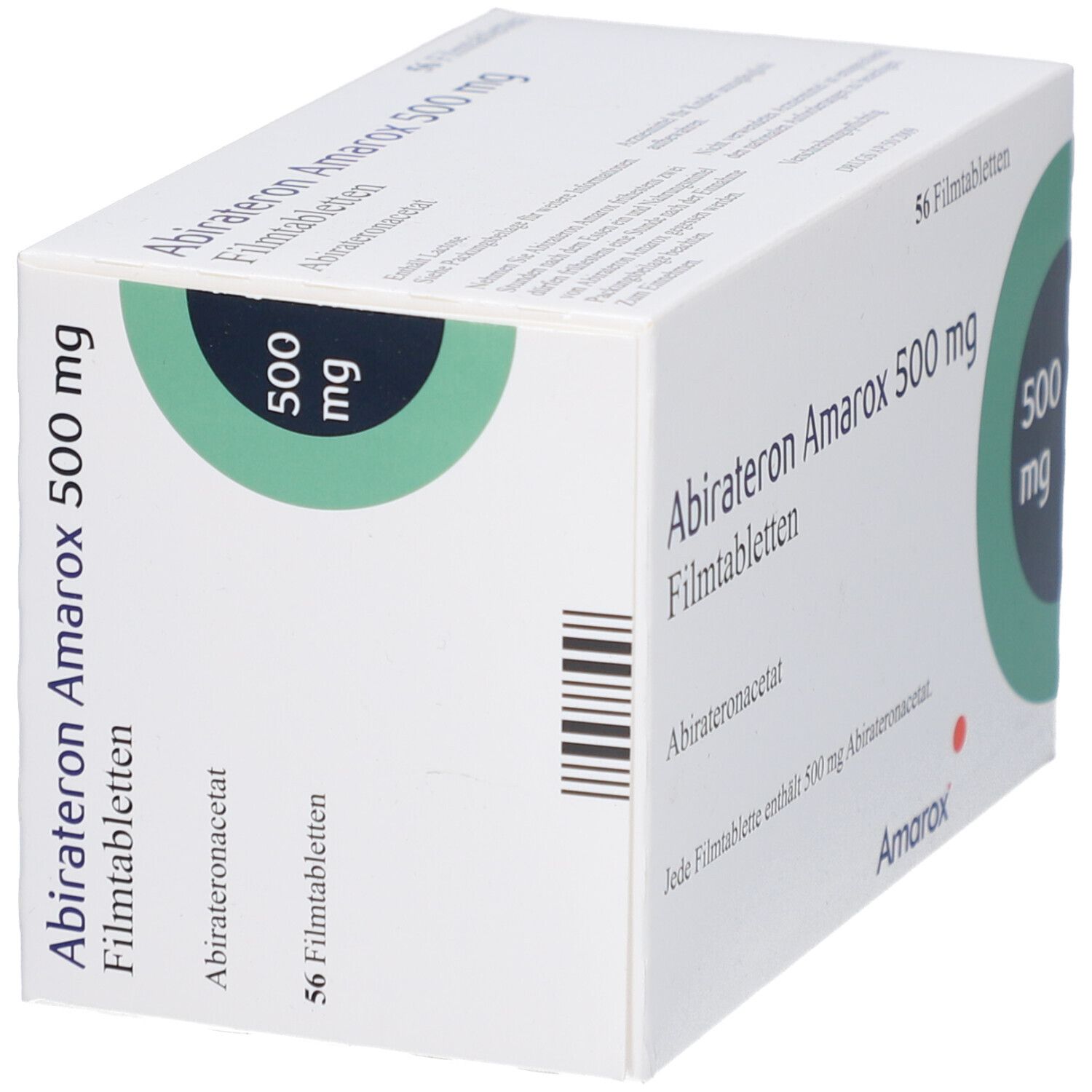 Schachtel mit ABIRATERON Amarox 500 mg Filmtabletten. Aufschrift: 56 Filmtabletten, 500 mg. Marke Amarox.