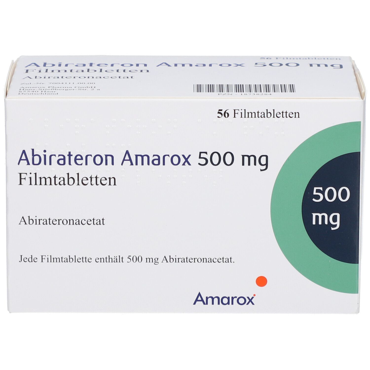 Schachtel mit ABIRATERON Amarox 500 mg Filmtabletten. Aufschrift: 56 Filmtabletten, 500 mg. Marke Amarox.