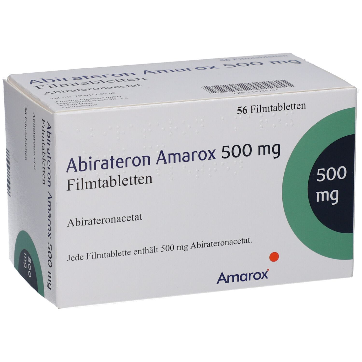 Schachtel mit ABIRATERON Amarox 500 mg Filmtabletten. Aufschrift: 56 Filmtabletten, 500 mg. Marke Amarox.