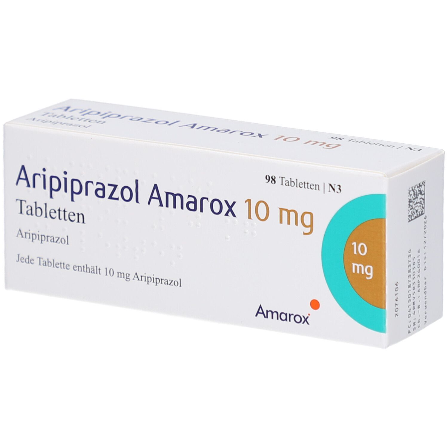 Arzneimittelpackung mit Aufschrift Aripiprazol Amarox 10 mg Tabletten. Enthält 98 Tabletten. Aufdruck: 10 mg.