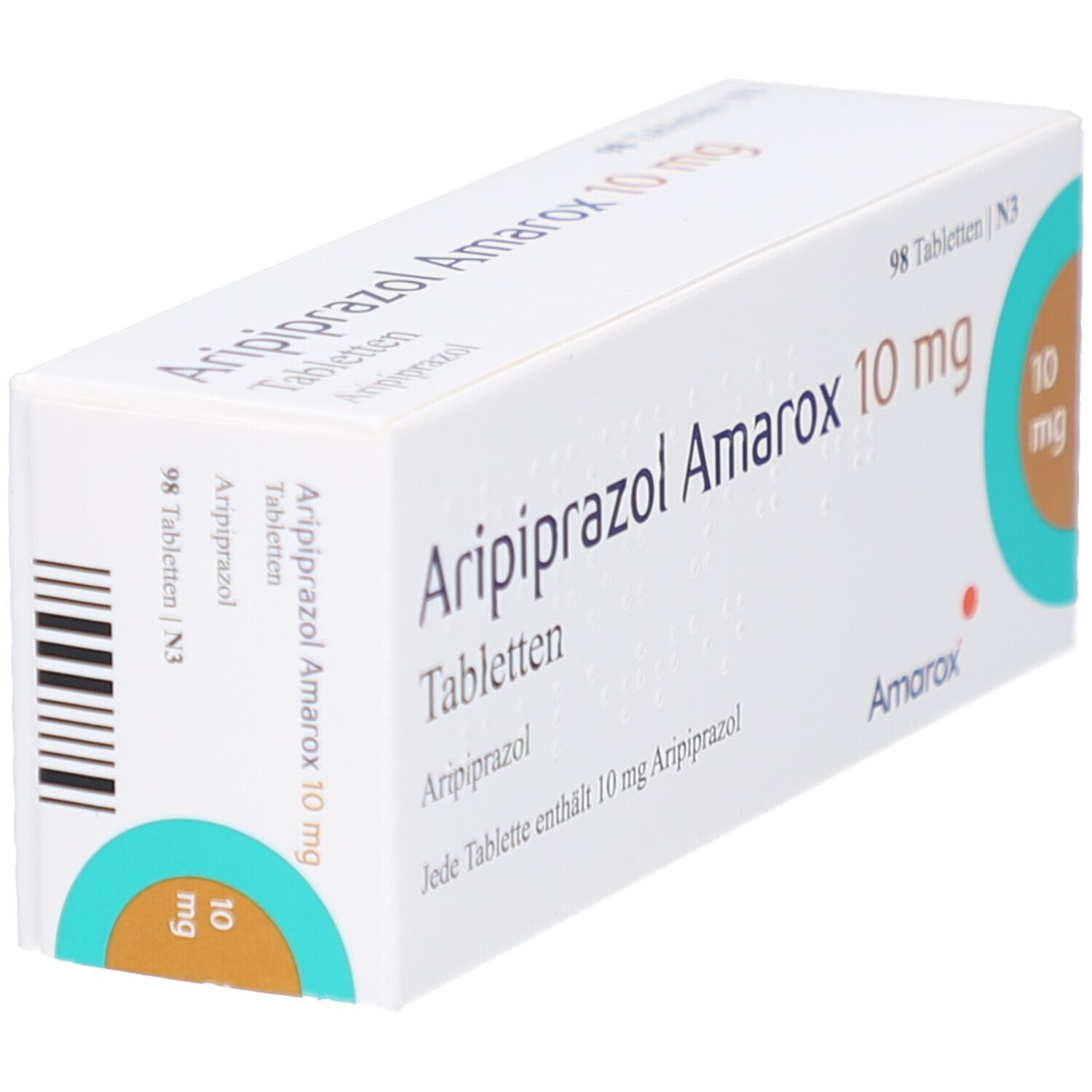 Schrägansicht der Arzneimittelpackung Aripiprazol Amarox 10 mg Tabletten. 98 Tabletten. Aufdruck: 10 mg.