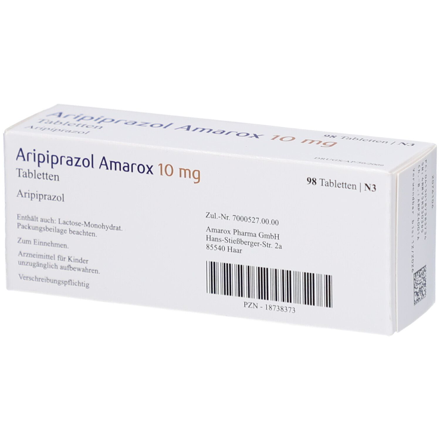 Arzneimittelpackung Aripiprazol Amarox 10 mg Tabletten. Enthält 98 Tabletten. Barcode und weitere Informationen.