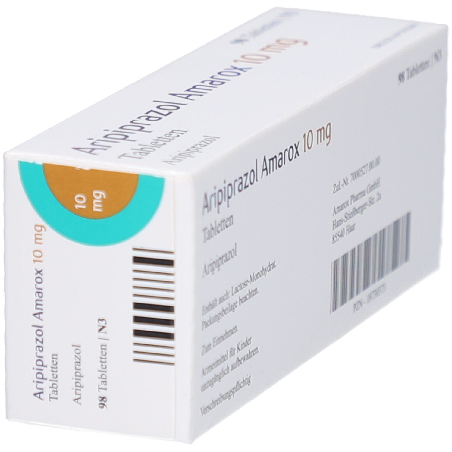 Schrägansicht der Arzneimittelpackung Aripiprazol Amarox 10 mg Tabletten. 98 Tabletten. Aufdruck: 10 mg.