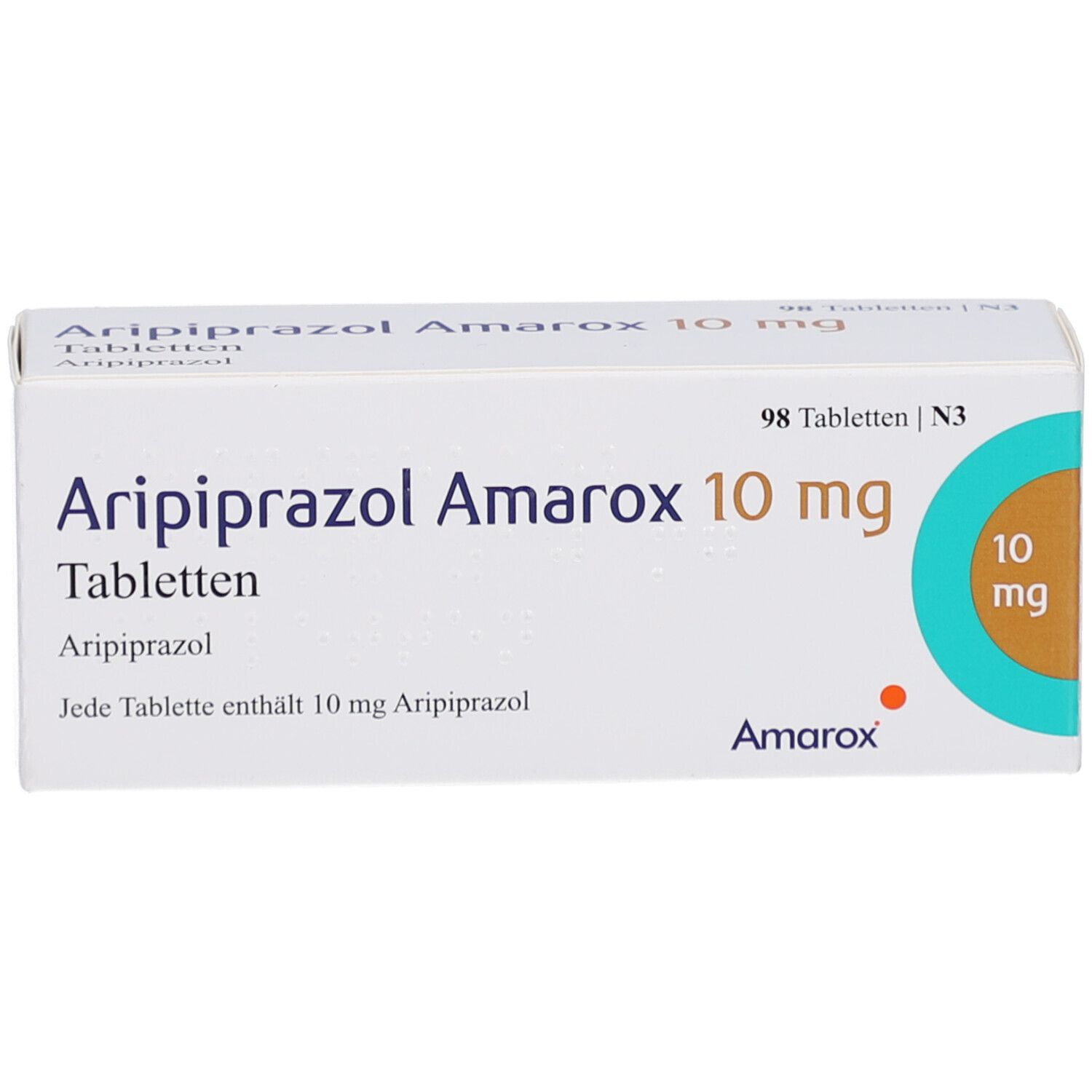 Arzneimittelpackung Aripiprazol Amarox 10 mg Tabletten. Enthält 98 Tabletten. Aufdruck: 10 mg.