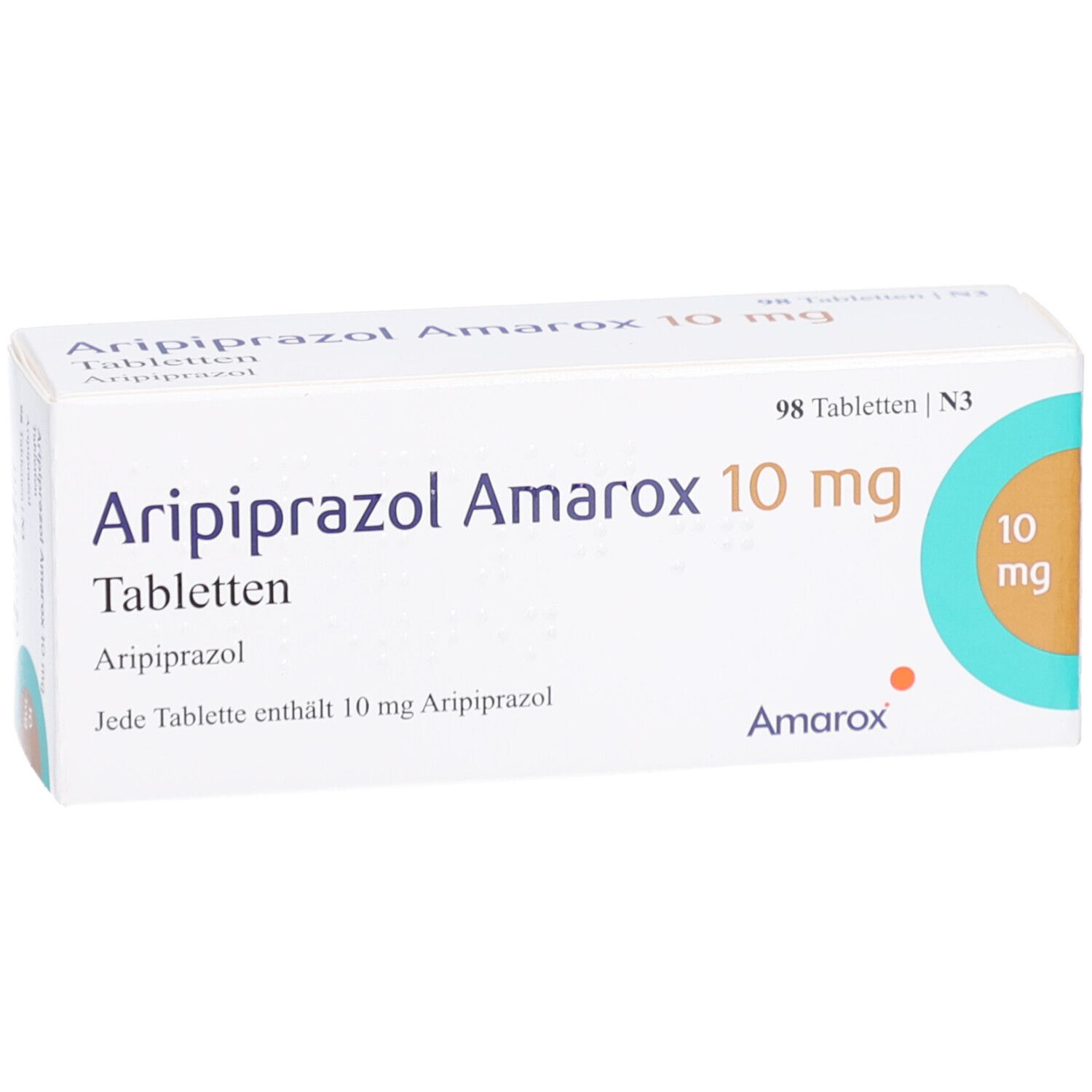 Arzneimittelpackung Aripiprazol Amarox 10 mg Tabletten. Enthält 98 Tabletten. Aufdruck: 10 mg.