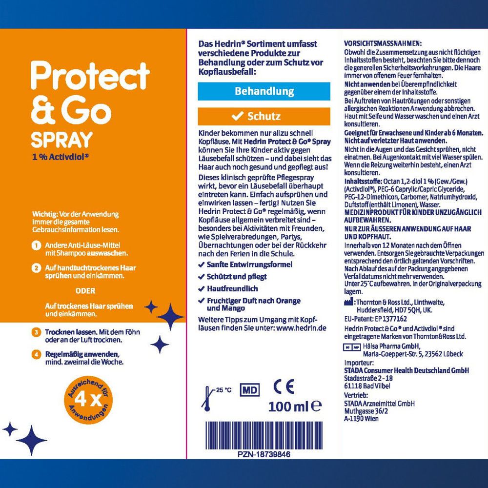 HEDRIN Protect & Go Spray, Detail der Produktinformationen auf der Verpackung.