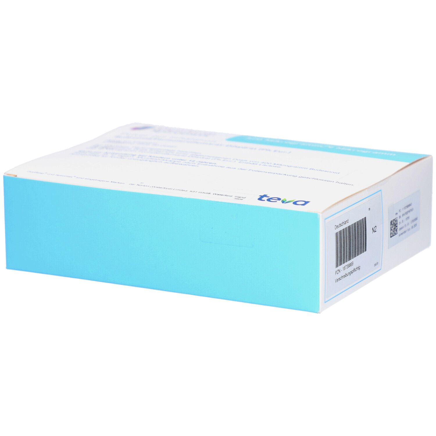 Karton von DUORESP Spiromax. Weiß und hellblau. Teva-Logo. Text und Barcode auf der Seite.