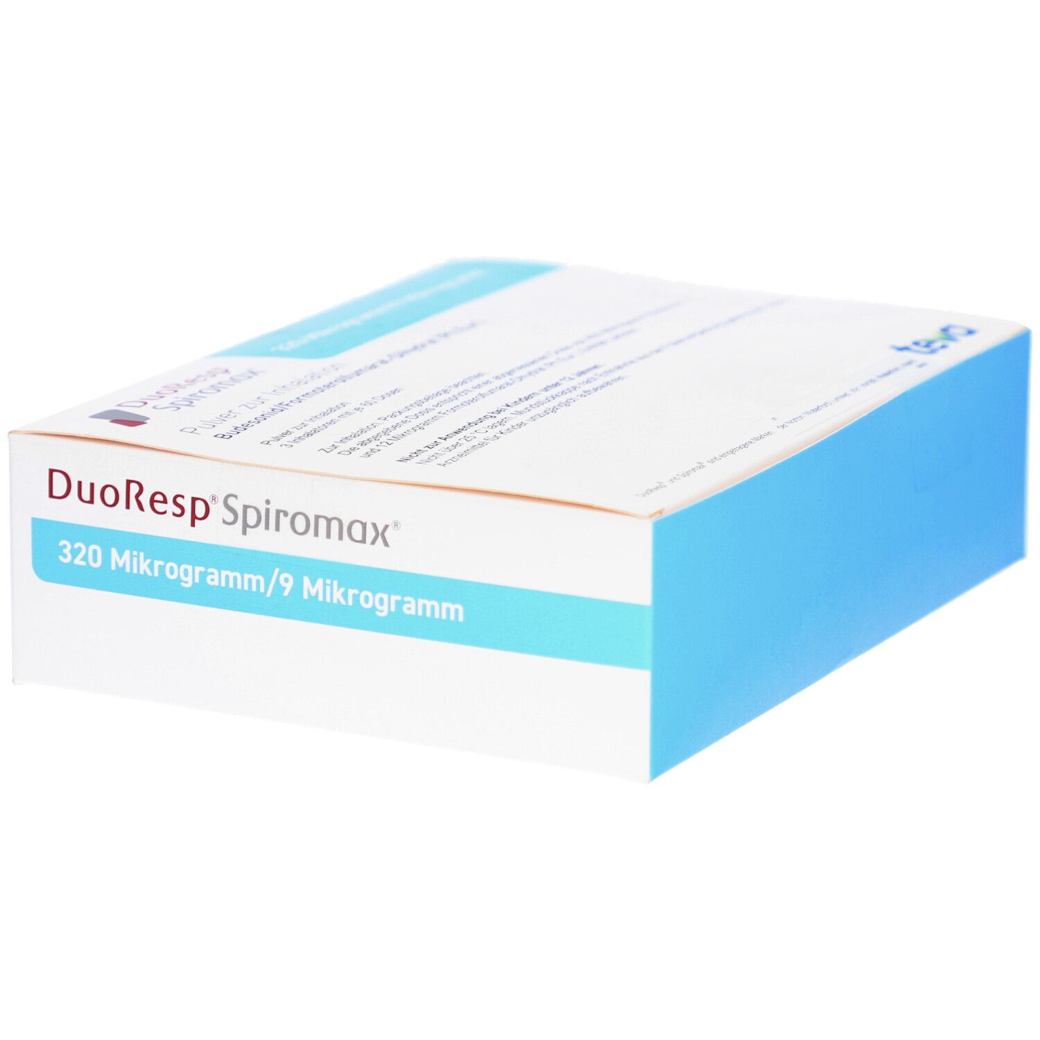 DUORESP Spiromax-Packung. Weiß und hellblau. Produktname und Dosierung deutlich sichtbar.