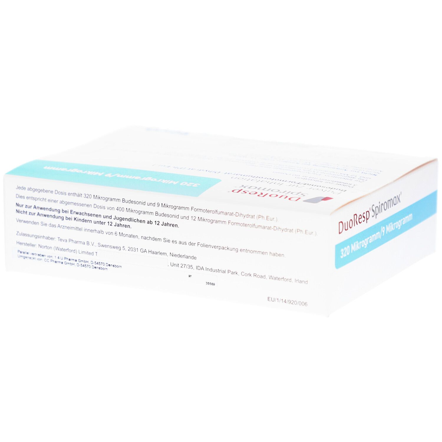 Rückseite der DUORESP Spiromax-Packung. Textinformationen und Dosierung. Hellblauer Streifen.