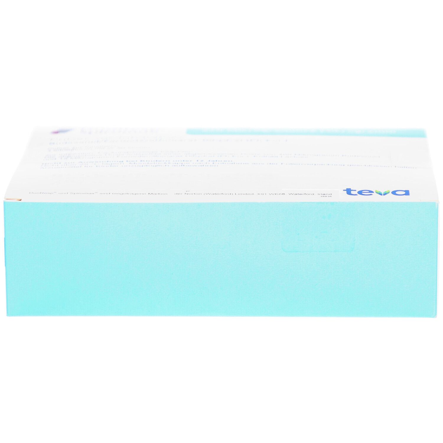 Seite der DUORESP Spiromax-Packung. Hellblauer Hintergrund. Teva-Logo.