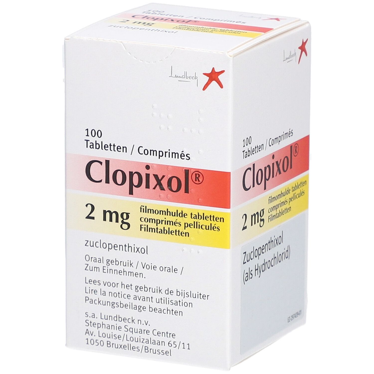 Schachtel mit Clopixol 2 mg Filmtabletten. Aufdruck: 100 Tabletten, 2 mg, Zucclopenthixol. Rote und gelbe Akzente.