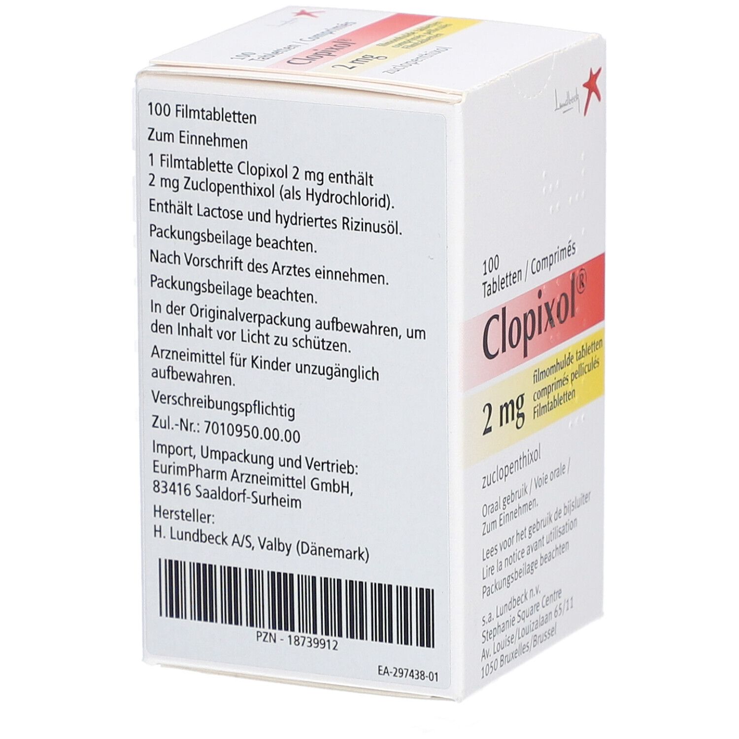 Rückseite der Clopixol-Schachtel. Enthält Informationen zu Inhaltsstoffen, Dosierung und Hersteller. Text in mehreren Sprachen.