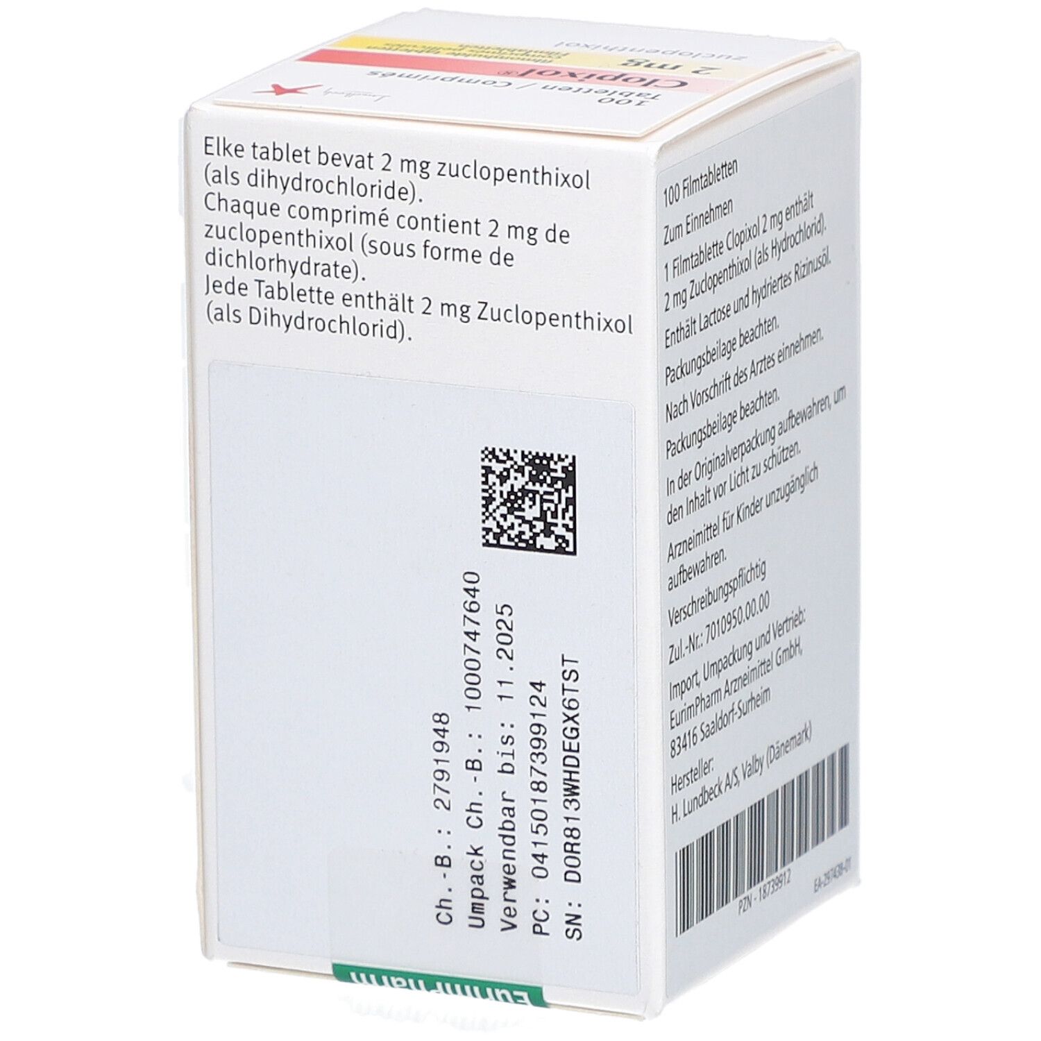 Rückseite der Clopixol-Schachtel mit Inhaltsangaben und Chargennummer. QR-Code und Text in mehreren Sprachen.
