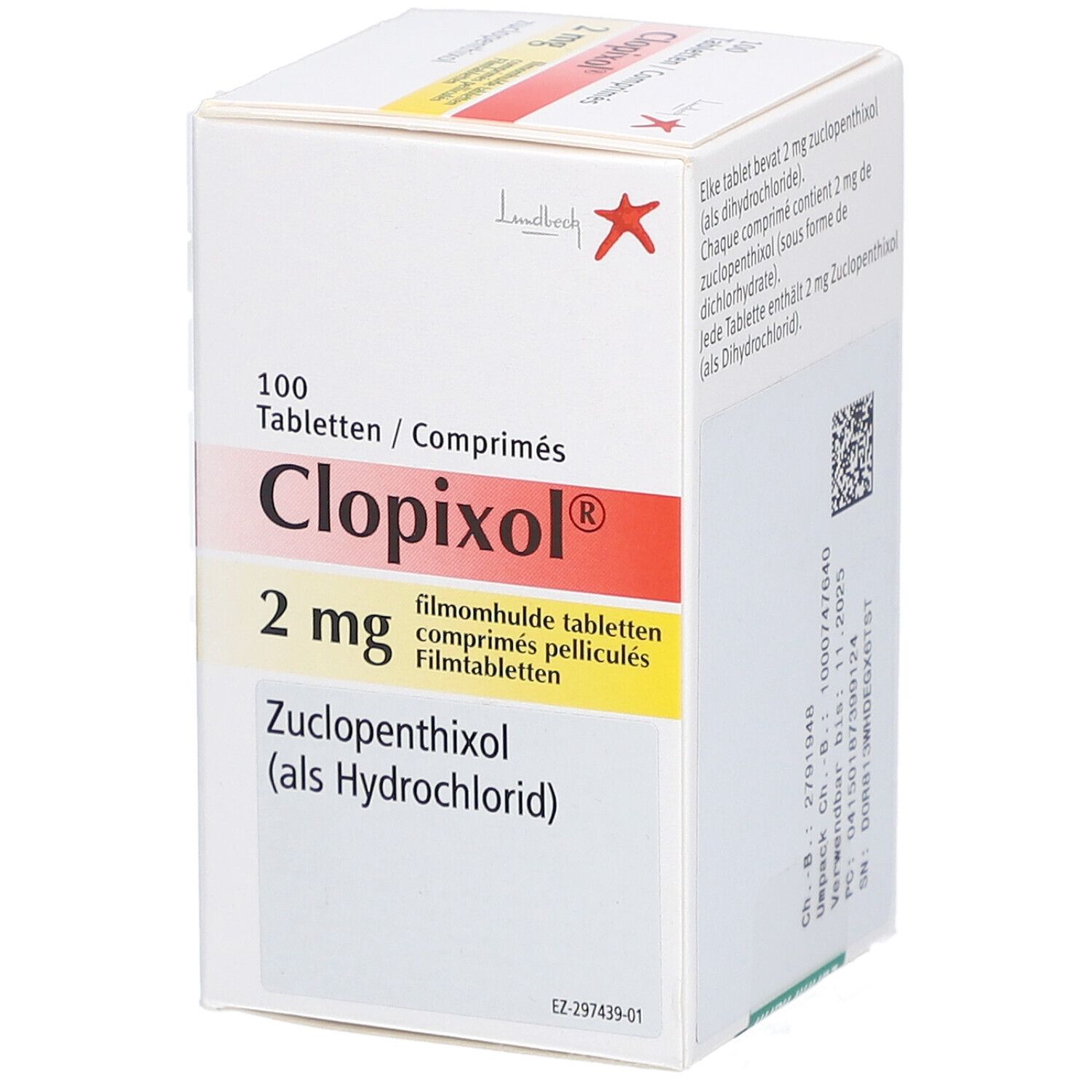 Schachtel mit Clopixol 2 mg Filmtabletten. Aufdruck: 100 Tabletten, 2 mg, Zucclopenthixol. Rote und gelbe Akzente.