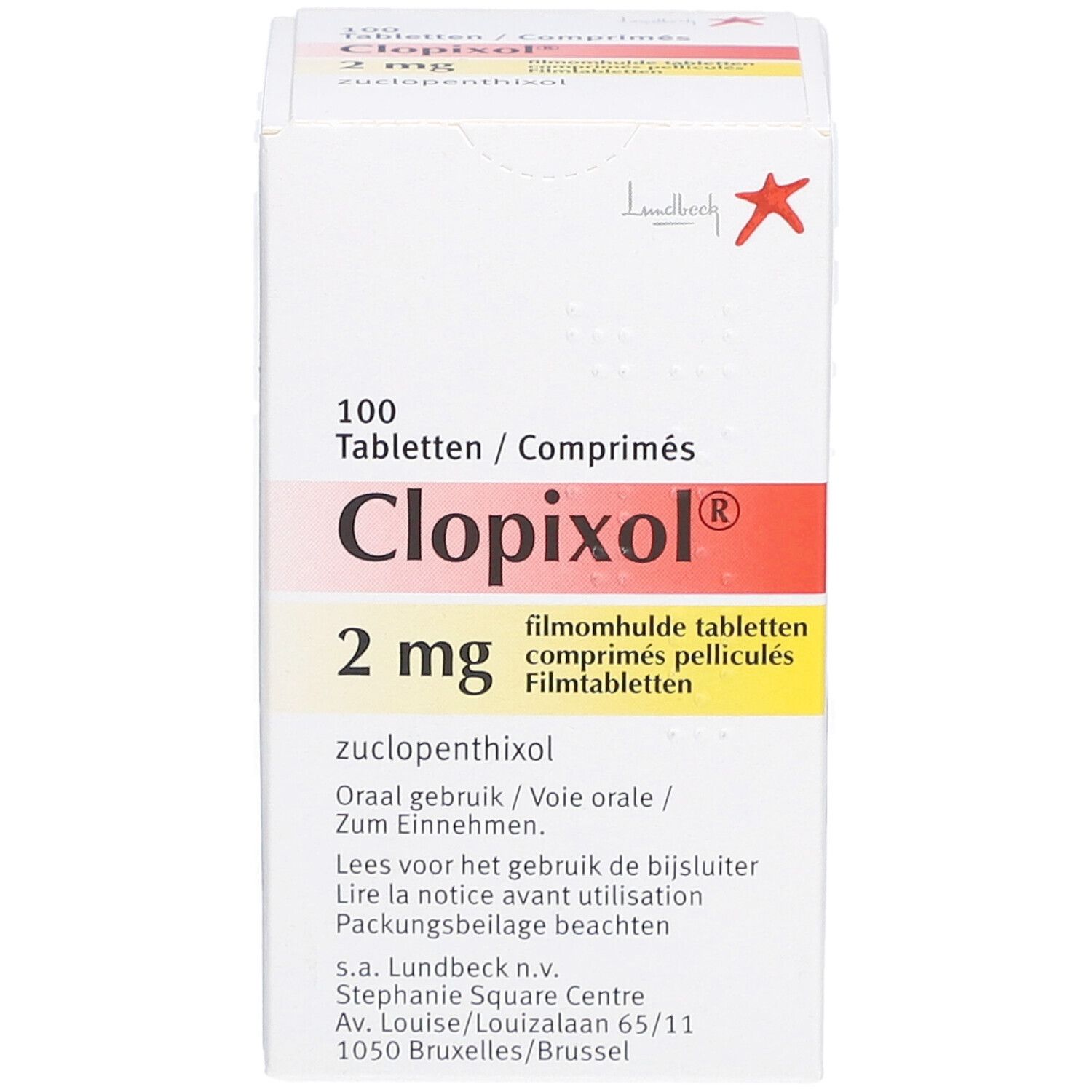 Schachtel mit Clopixol 2 mg Filmtabletten. Aufdruck: 100 Tabletten, 2 mg, Zucclopenthixol. Rote und gelbe Akzente.