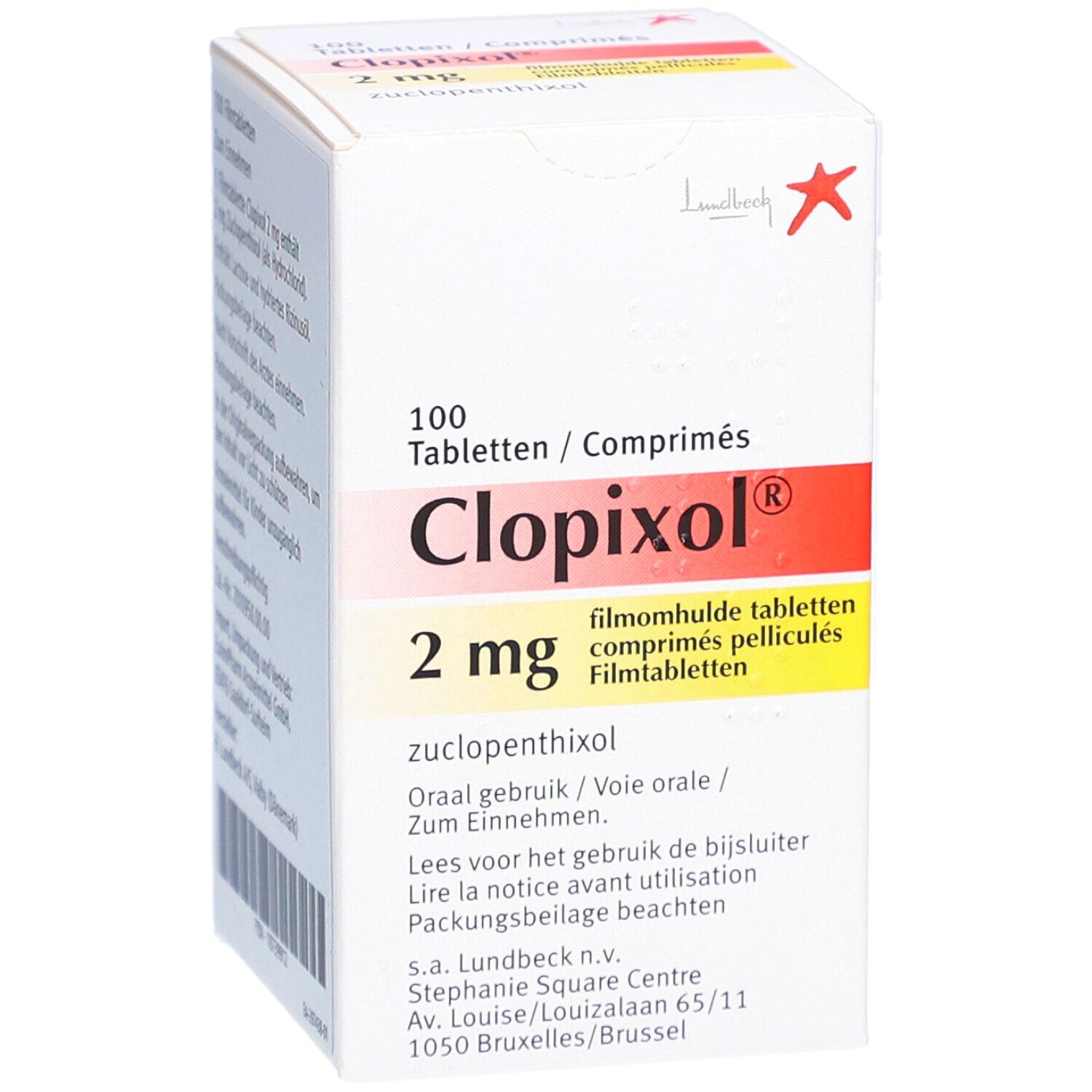 Schachtel mit Clopixol 2 mg Filmtabletten. Aufdruck: 100 Tabletten, 2 mg, Zucclopenthixol. Rote und gelbe Akzente.