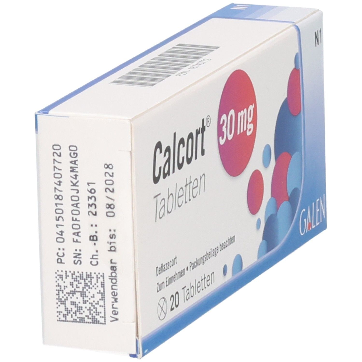 Rückseite einer Calcort 30 mg Tabletten Schachtel mit Chargennummer und Verfallsdatum.