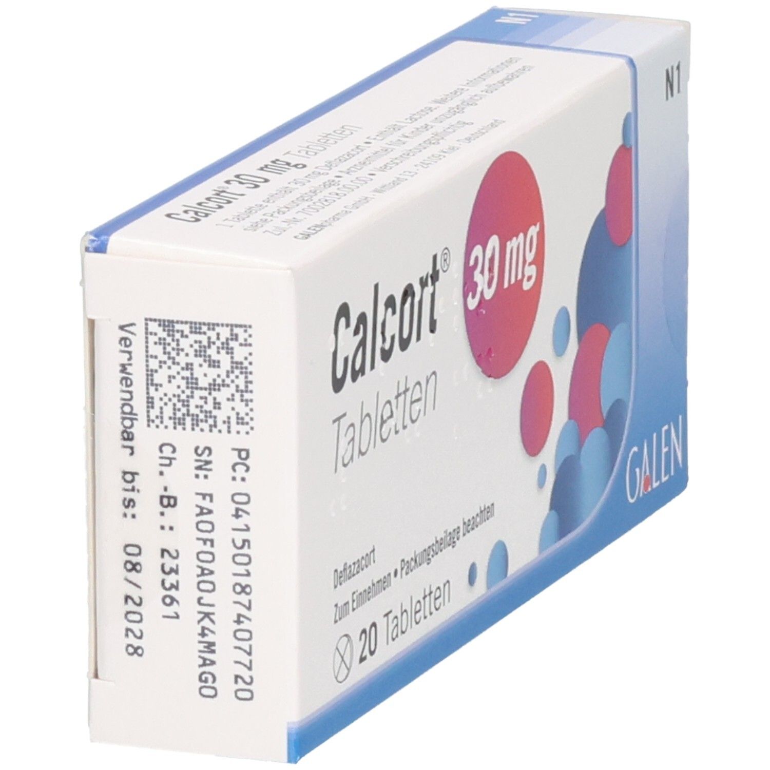 Seitenansicht einer Calcort 30 mg Tabletten Schachtel mit Chargennummer und Verfallsdatum.